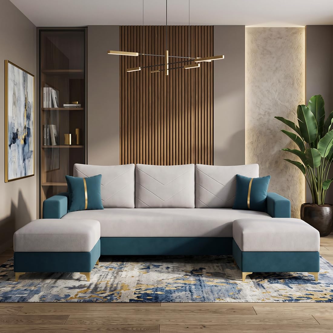 Alvaro Agnes 3 Seater L Shape Sofa with 2 Ottomans, Velvet Fabric 5 Seater Sofa Set for Living Room, Space Saving Sectional Corner Sofa for Home & Office - Ocean Green & Light Grey-image-41