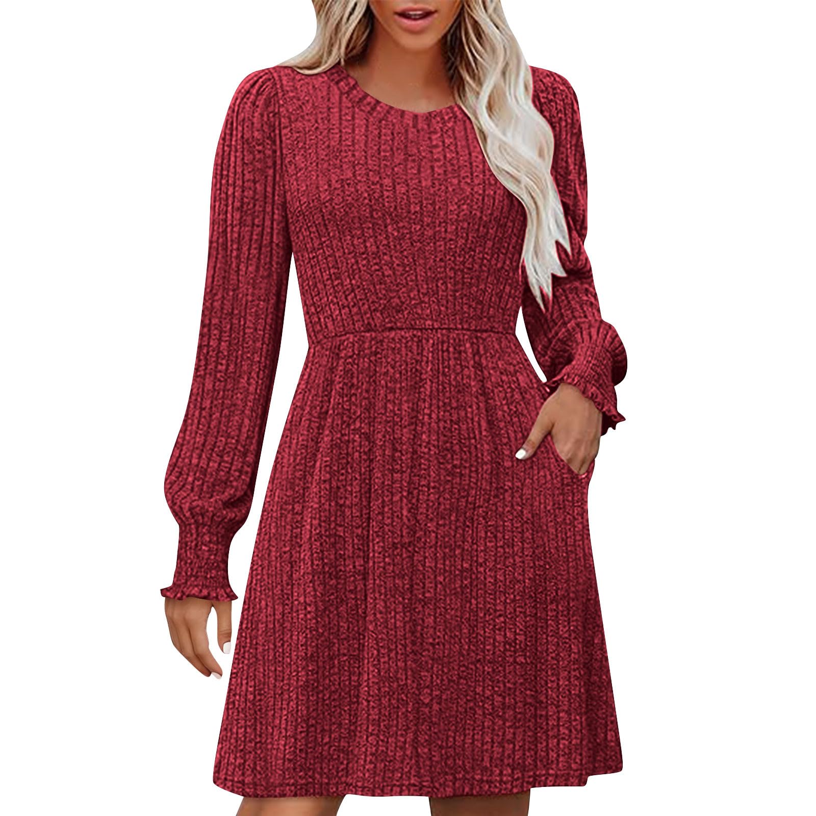 Sweater Dresses for Women Fall Winter Puff Long Sleeve Crewneck Bodycon Fleece Ribbed Pullover Fashion Clothing