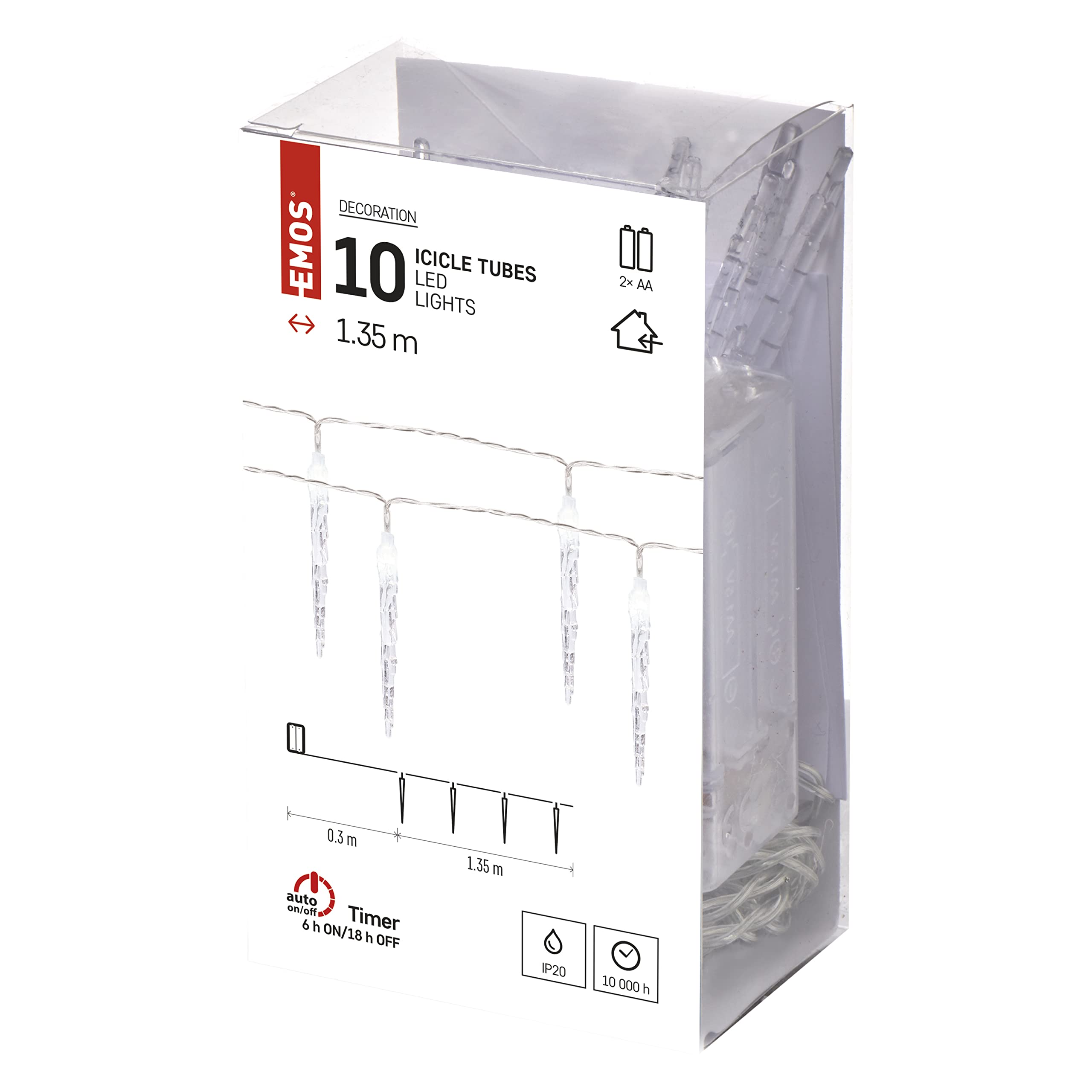 EMOS DCGC01 Łańcuch świetlny LED, zimna biel, 1,35 m, girlanda świetlna z 10 soplami lodu, funkcja timera 6/18 h, zasilanie bat (2 x AA), czas świecenia 10 000 h, IP20 do użytku wewnątrz pomieszczeń