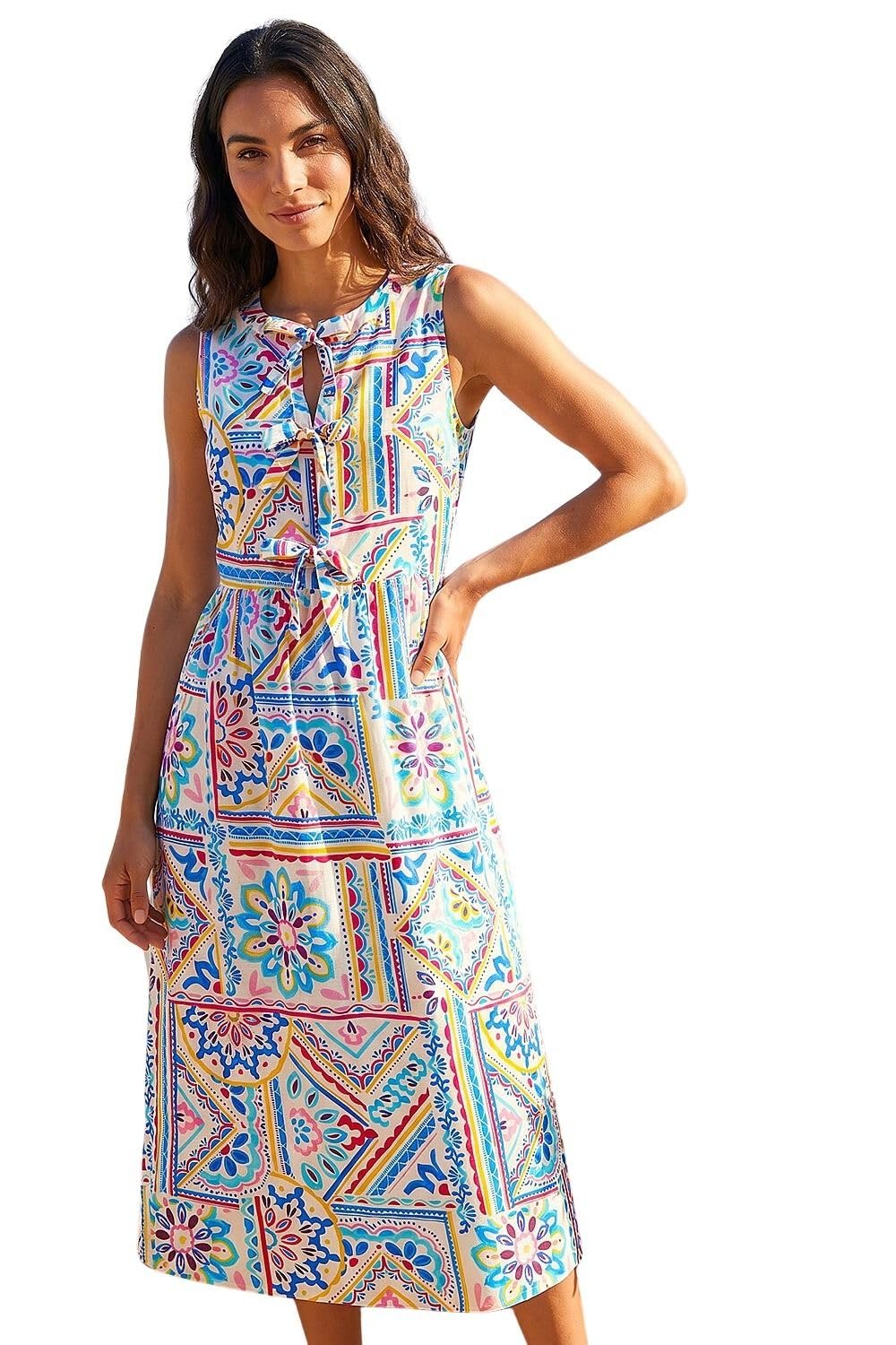 Roman Originals Women's Light Blue Roman Pinstripe Bow Detail Midi Dress For Uk - Spring Everyday Summer Holiday Round Neckline Comfy Sleeveless Soft Fit & Flare Frock Day Out Gowns