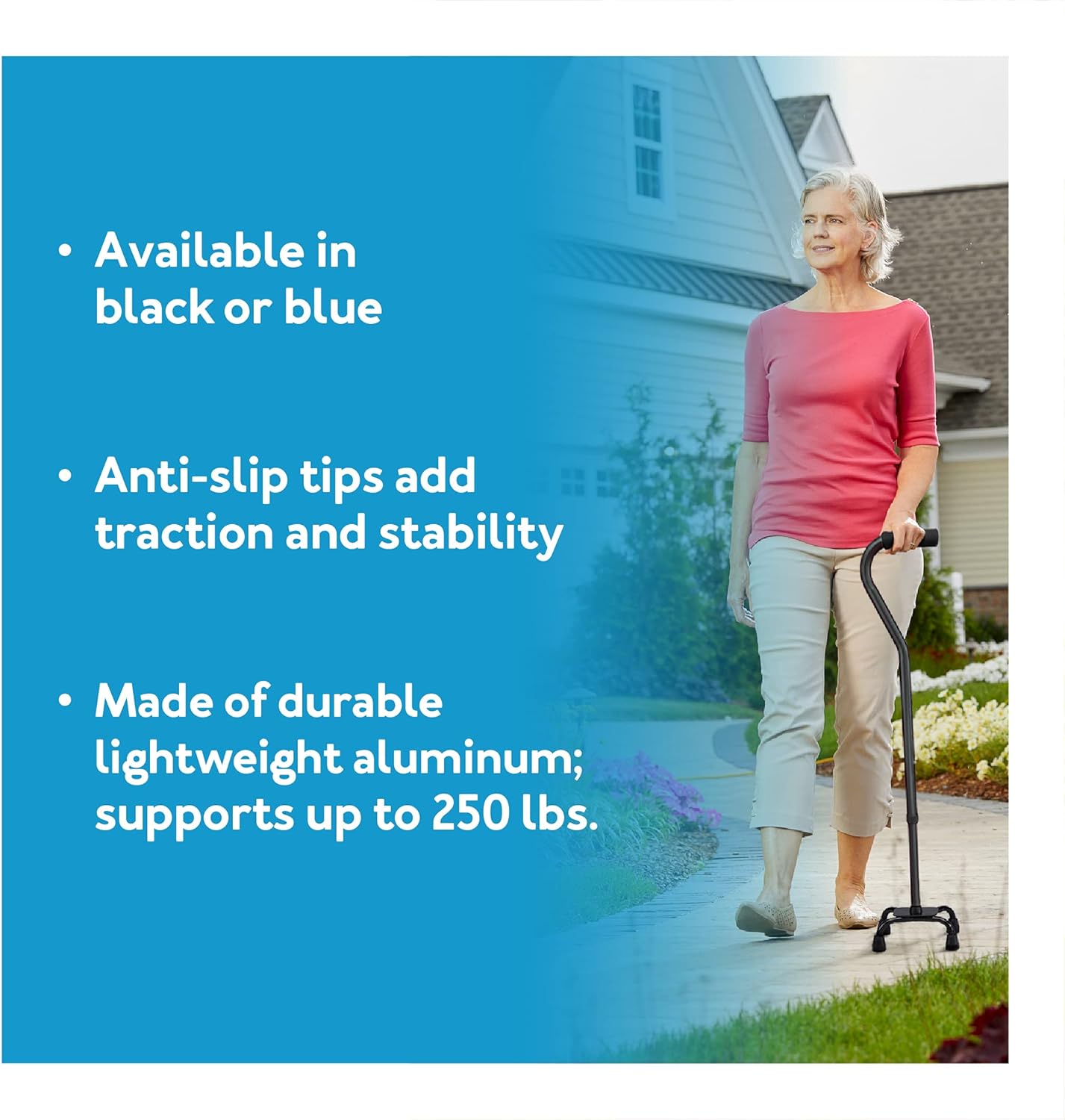 Carex Quad Cane with Small Base - Adjustable Height Quad Cane and Walking Stick with Small Base - Holds Up to 250 Pounds, Black, Universal, Pack of 1 : Health & Household