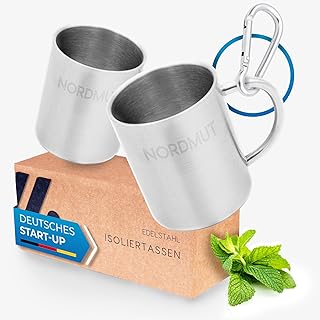 NORDMUT® Edelstahl Thermobecher [2er Set] Camping Tasse | nachhaltige Edelstahl Tasse | Kaffeetasse doppelwandig isoliert und BPA frei | Tassen Set für Camping & Outdoor [2 x 300 ml]