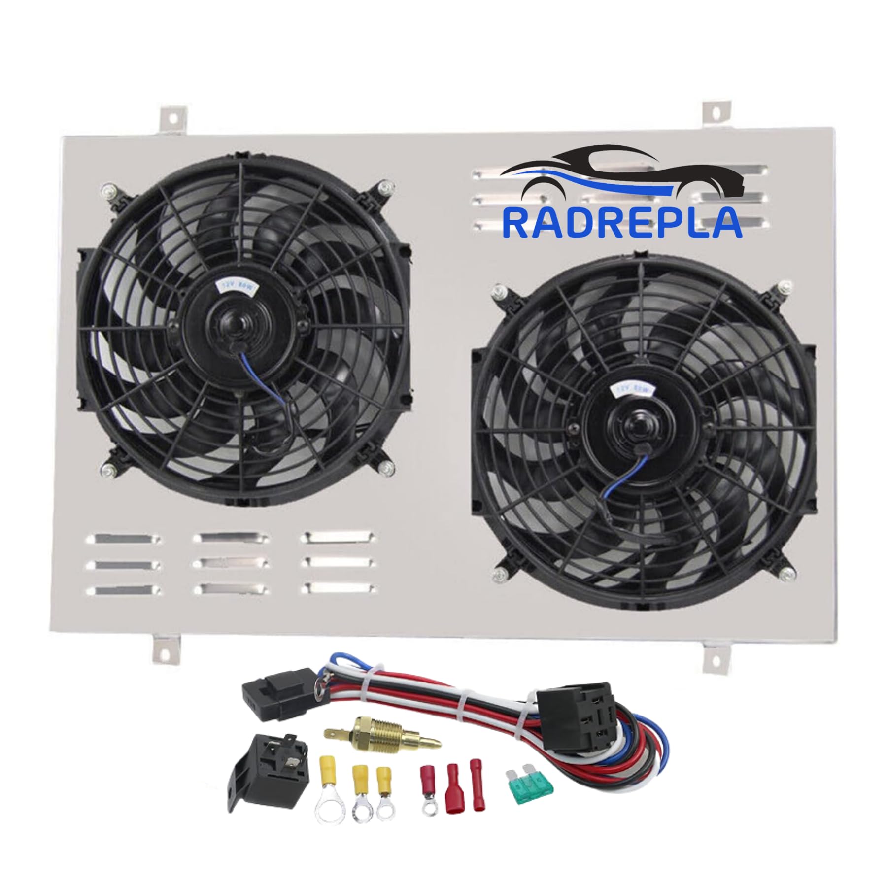 Photo 1 of RADREPLA CC1451 Aluminum Crossflow Radiator Shroud with Electric Fan for 1985-1997 Ford F150 F250 F350 Bronco 5.0L/5.8L V8 1986 1987 1988 1989 1990 1992 1993 1994 1995 2x12" Fans Thermostat Relay Kit