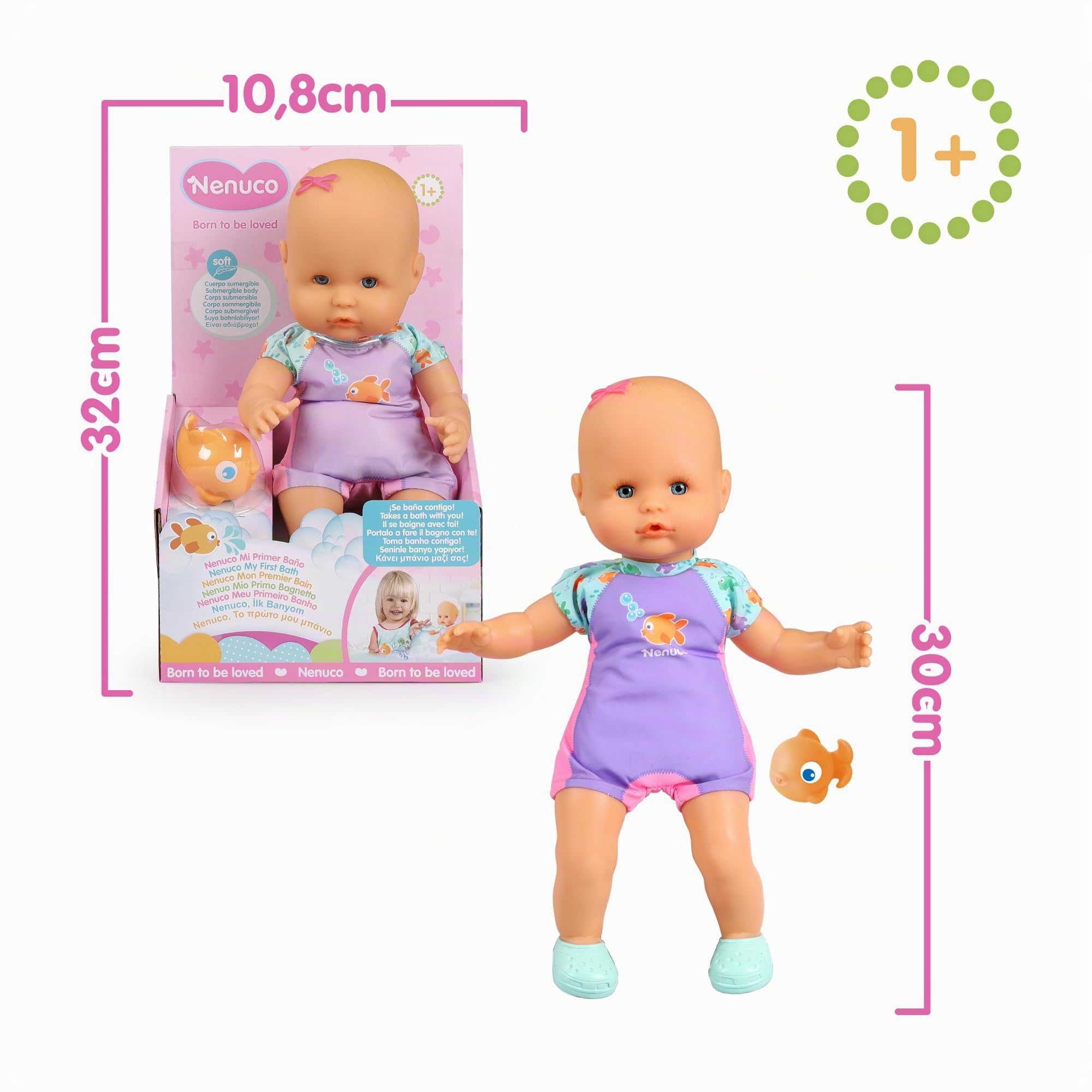 Nenuco - mio primo bagno. Bambola morbida con corpo sommergibile,costume rosa, puoi metterla nella vasca da bagno, in piscina o al mare, per bambine/I da 12 mesi, Famosa NFN88000