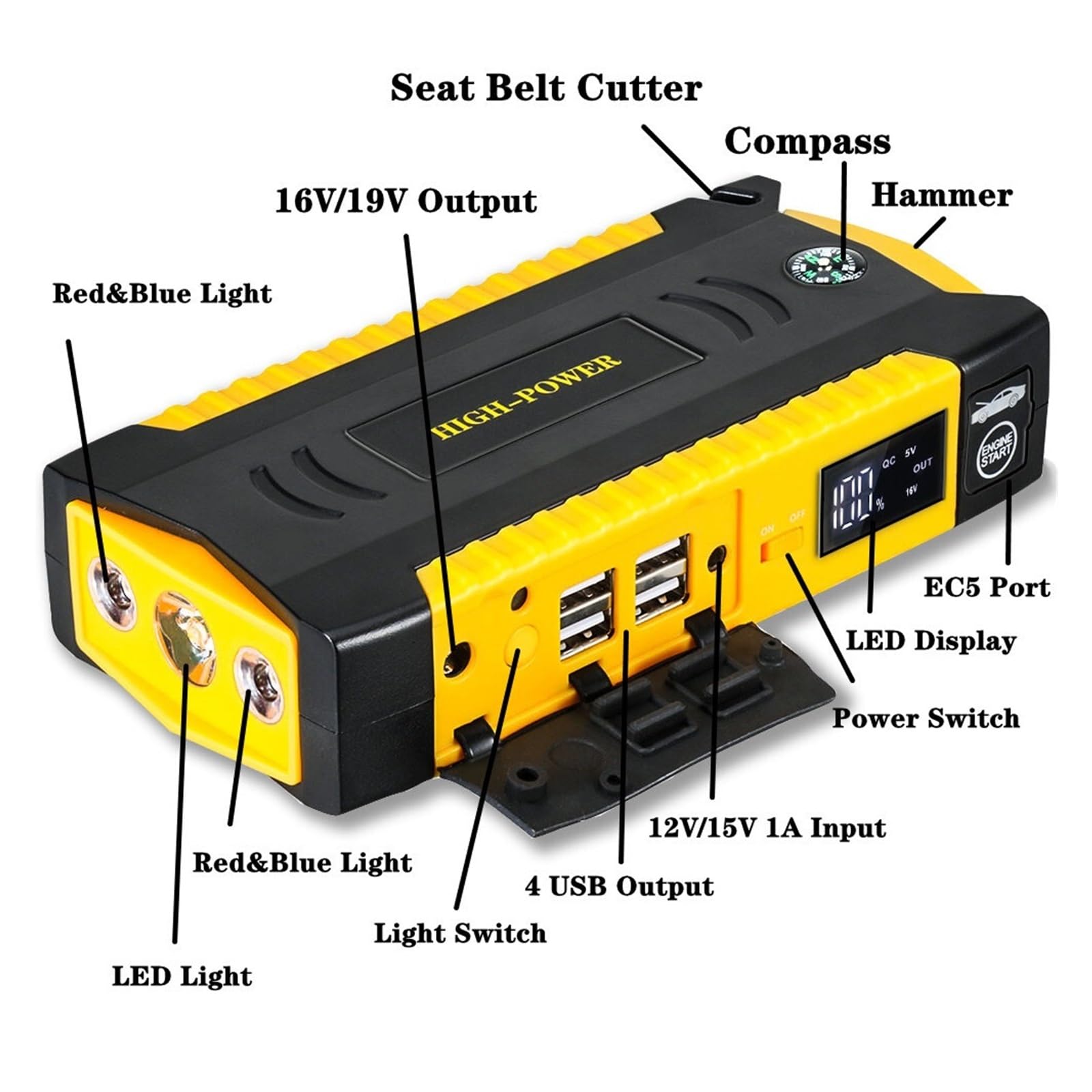 Awaryjna Ładowarka Samochodowa 16000mAh Urządzenie Do Awaryjnego Uruchamiania Power Bank 12V Przenośne Urządzenie Rozruchowe Do Benzyny Diesel Booster Szybkie I Wydajne łAdowanie(Yellow)