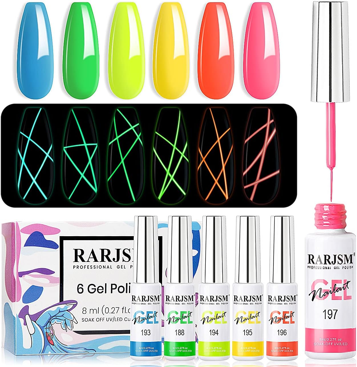 Gel Nail Art Polish, Glow In The Dark Gel Liner Art Set Luminous Painting Gel For Nail Art Fluorescent Bright Colors Hot Pink Neon Yellow Green Blue Orange Nail Art Kit For Christmas
