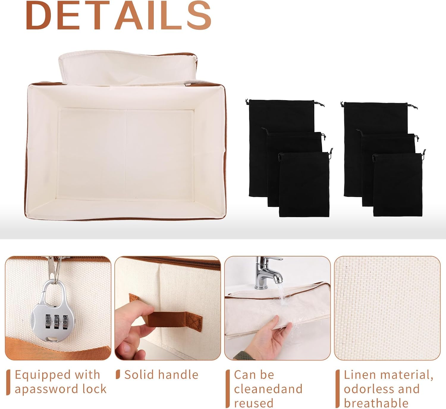 Adult Toy Storage Box Lock with 6 Drawstring Bags, Foldable & Washable Storage Bag for Secure & Private Organization 15 inch x 10 inch x 5.9 inch Discreet Adult Toy Case (Cream)