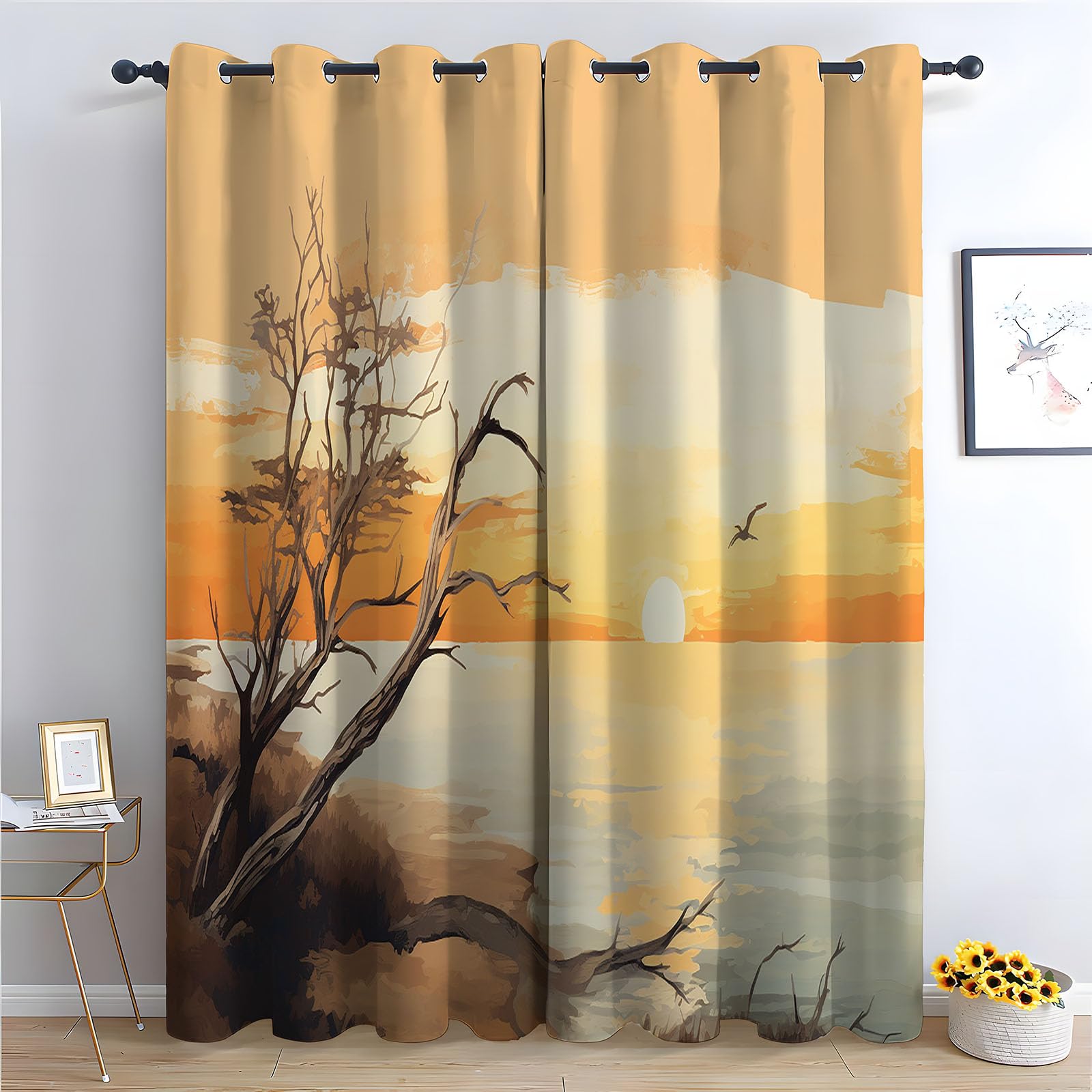 Rideaux occultants coucher de soleil avec arbres pour déco chambre 2 panneaux
