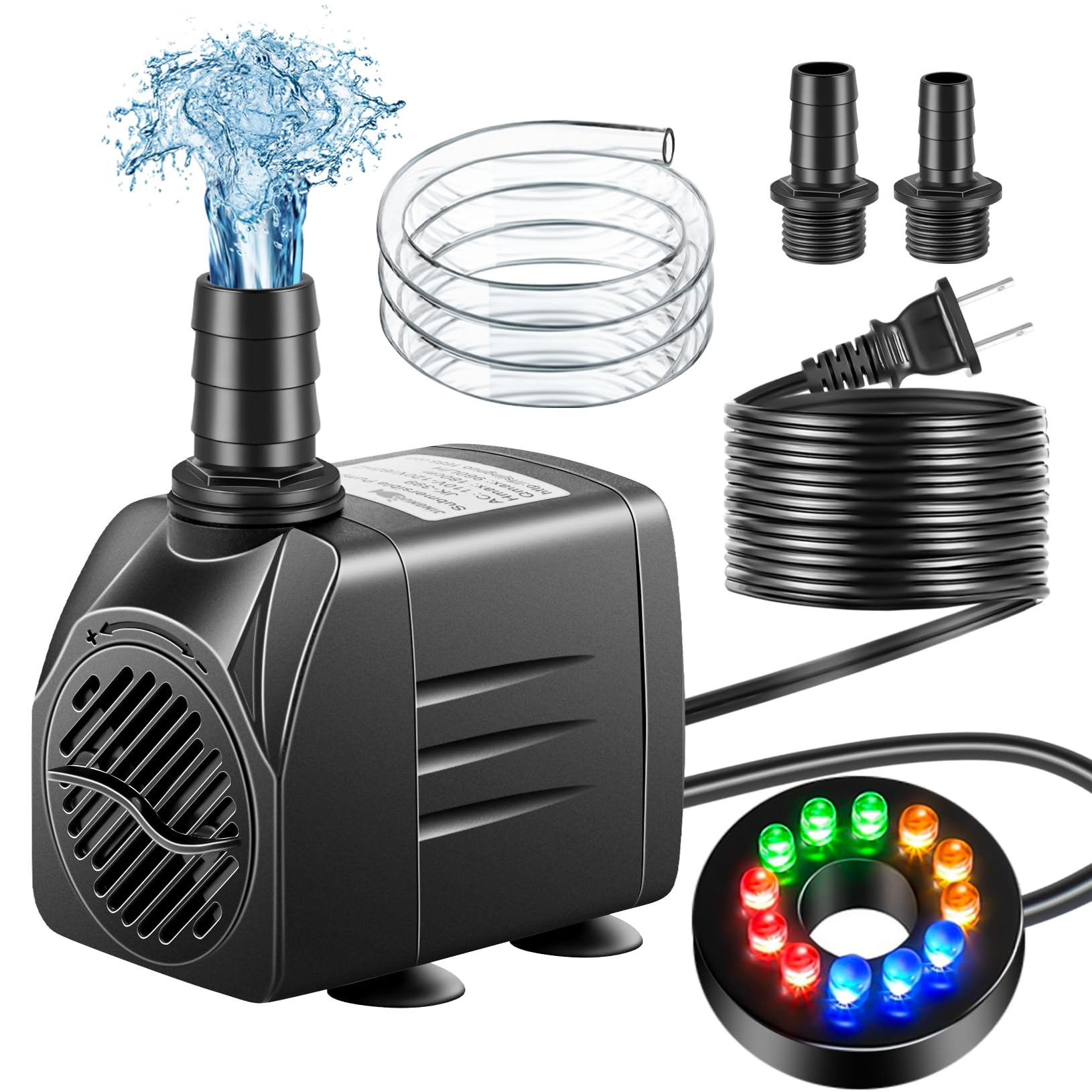 Submersible Pump, Small Fountain Pump with Tubing, Submersible Water Pump for Aquarium Fish Tank Indoor or Outdoor Pond Fountain Hydroponics Statuary (25W 400GPH, With Led Light)