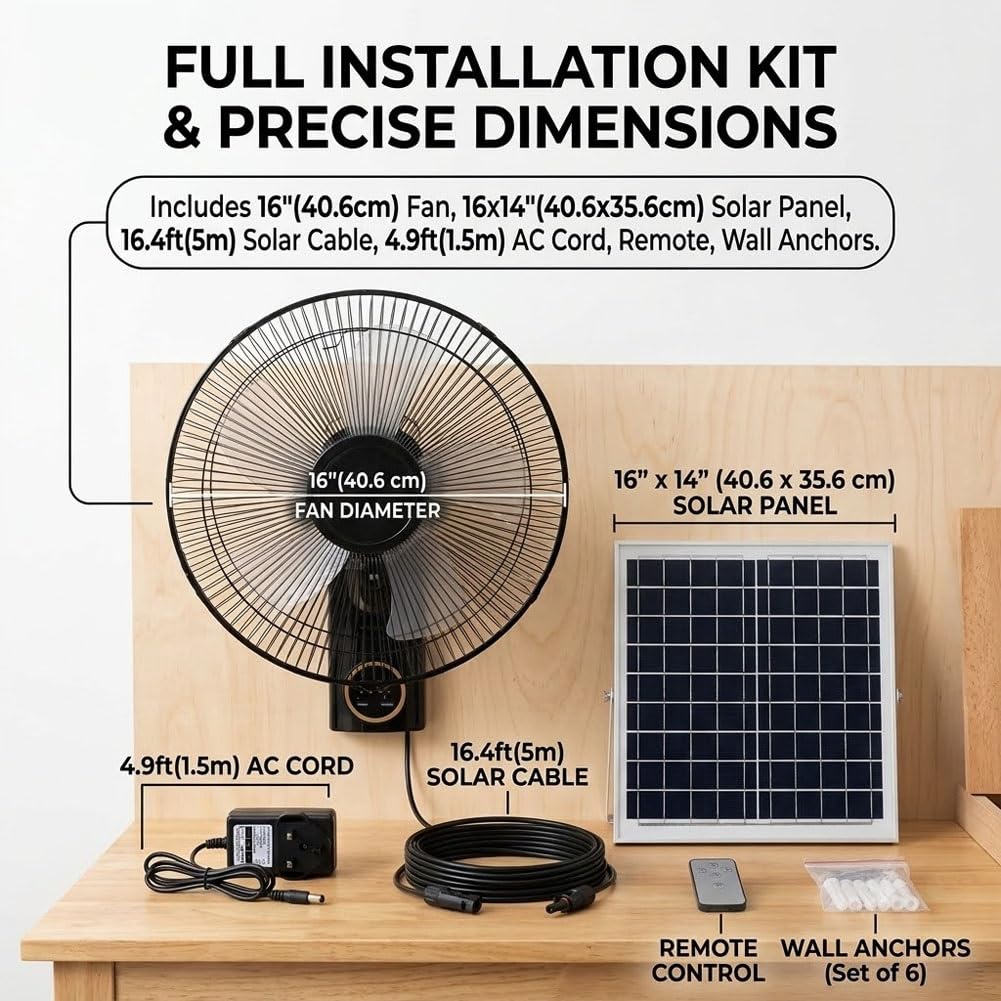 Generico Ventilatore da Parete Solare Esterno | Doppia Alimentazione, Cavo 5m, Impermeabile, Oscillante con Telecomando per Garage e Officina