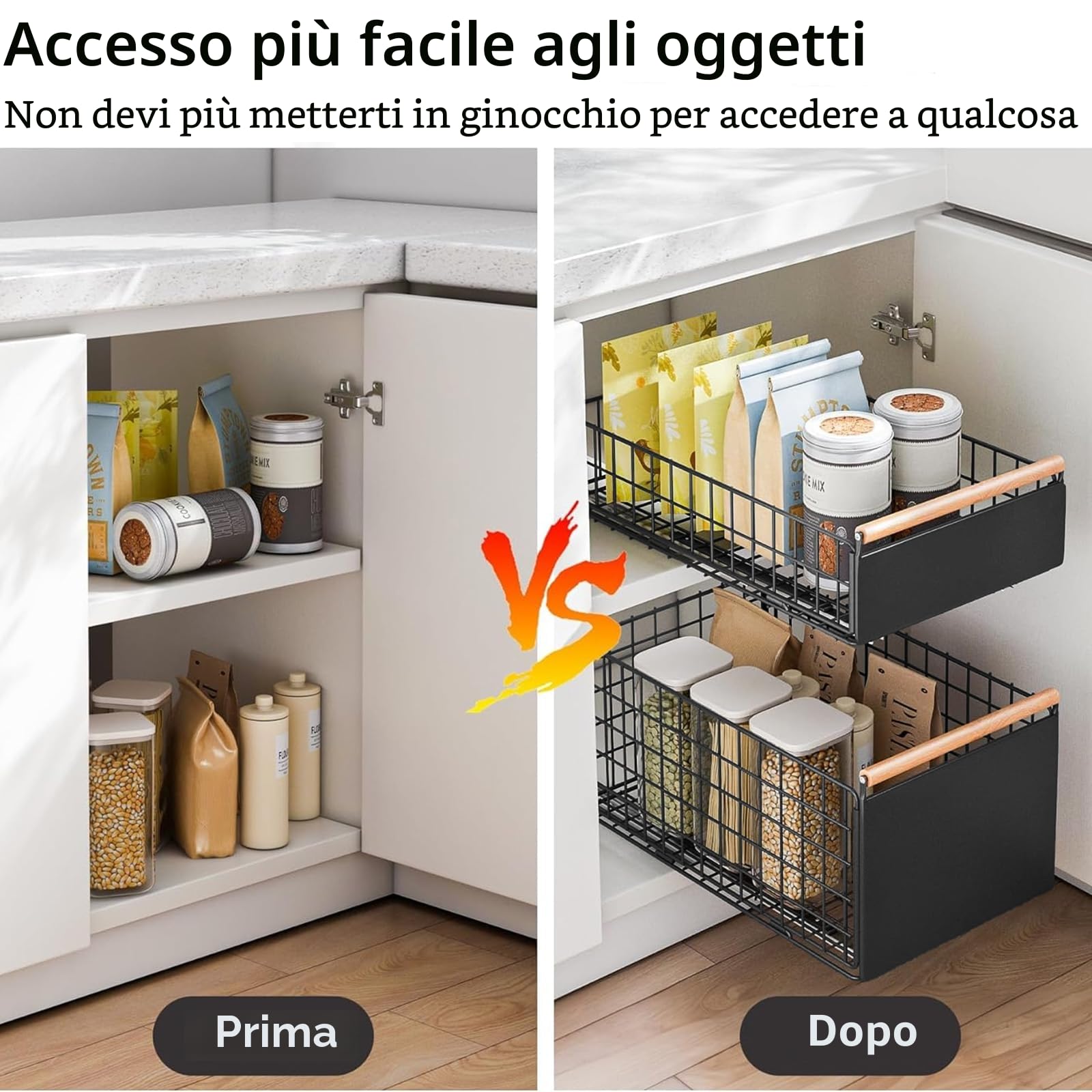 2 cassetti estraibili da cucina, cassetto telescopico, organizer per cassetti più profondi, con guide per cassetti e manico in legno, per mobili da cucina, senza forature (nero)