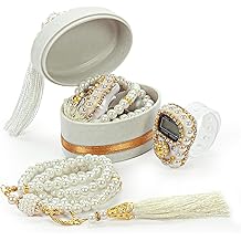 İhvan Online Velvet Box with Islamic Finger Counter and Prayer Beads, Portable Digital Prayer Tasbeeh, Pearl Zikirmatic Beads, 2 Pieces Gift for Ramadan &amp; Eid &amp; Mevl&uuml;t (White)