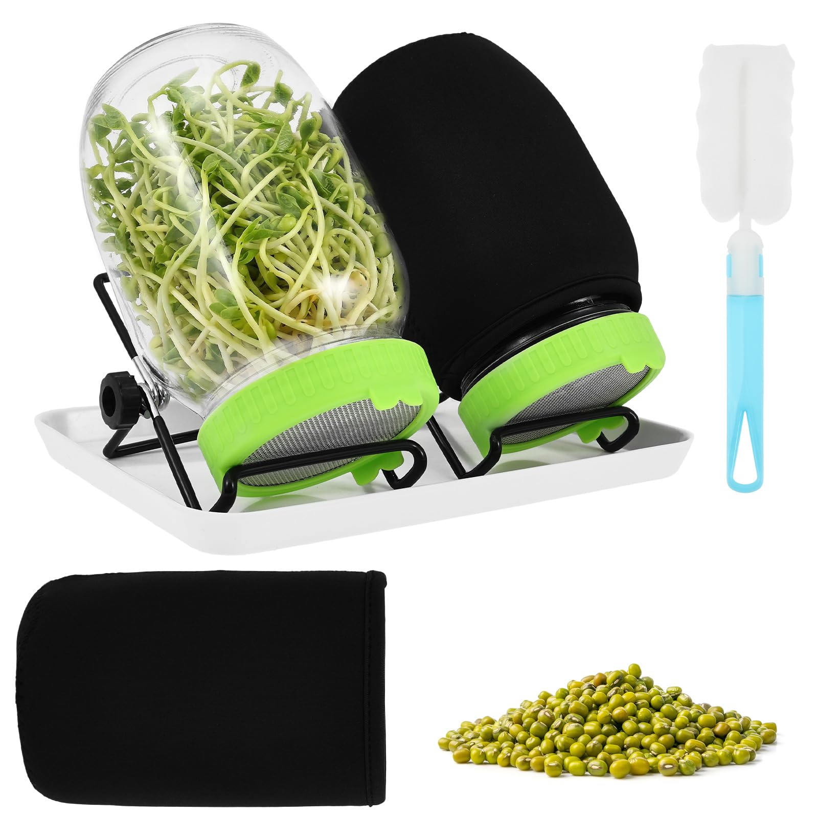 Kit completo de germinación en frascos (2) - Kit de cultivo de brotes de vidrio con tapa de acero inoxidable, soporte de goteo para brotes de brócoli, frijol mungo y alfalfa