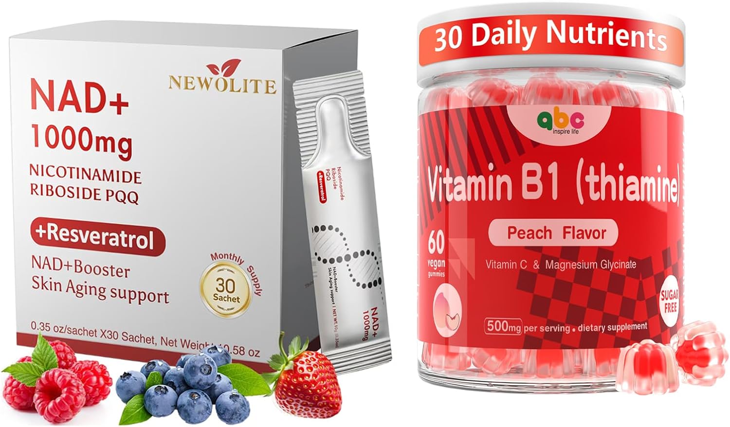 Vitamin B1 Gummies 300mg for Adults & Kids,Chewable Thiamine B1 Supplement with 150mg NAD+Liquid Supplement 1000mg