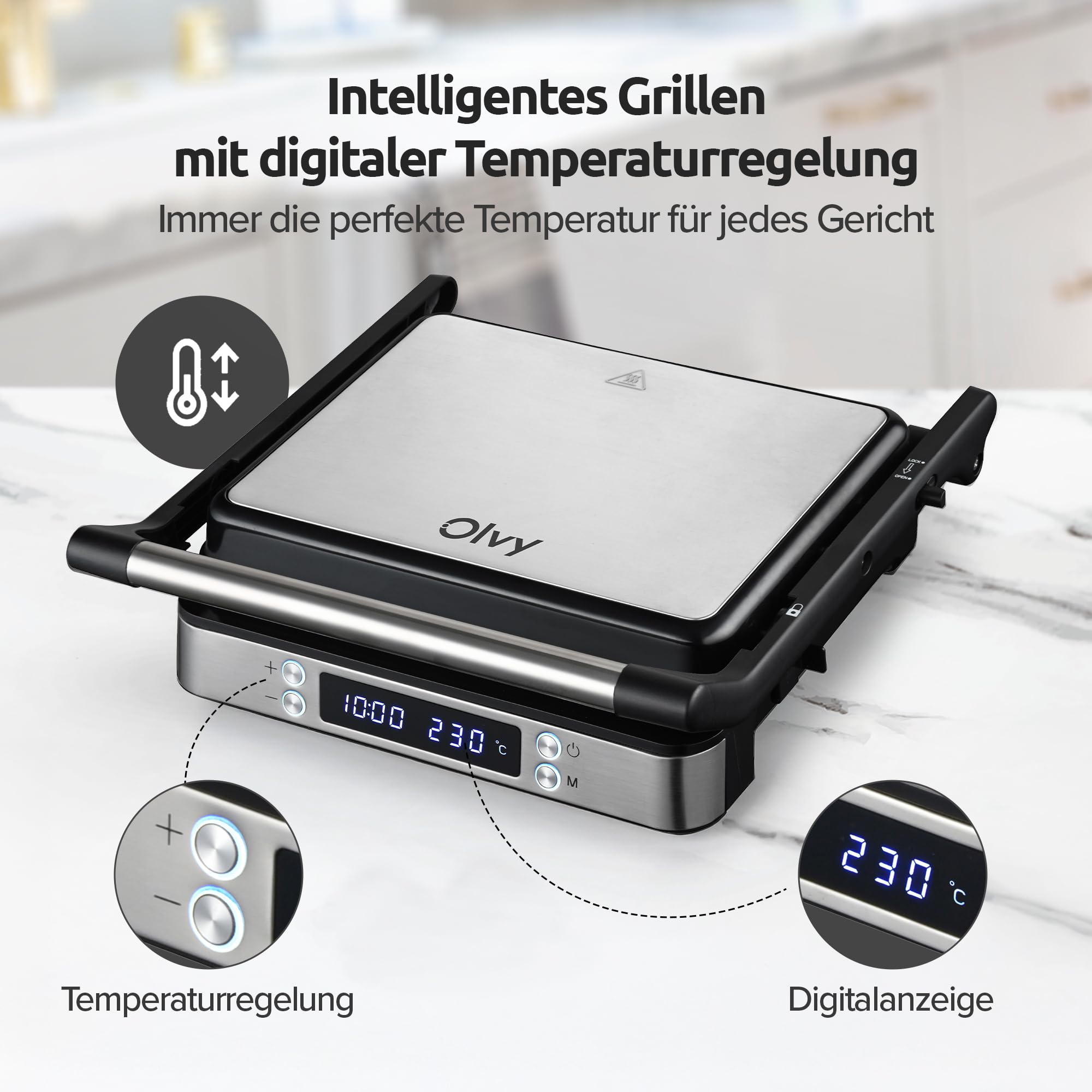 Olvy Sandwichmaker XXL Digitaler Kontaktgrill 3-in-1 Panini Maker 180° offener Grill einstellbare Temperatur Timer