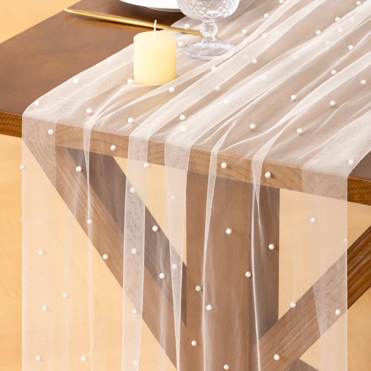 Socomi Pearl Table Runner Tulle Spring Easter Cheesecloth 10FT Gauze Dining Wedding Birthday Party Baby Shower Anniversary Holiday Centerpiece Table Decor 3pcs Ivory White