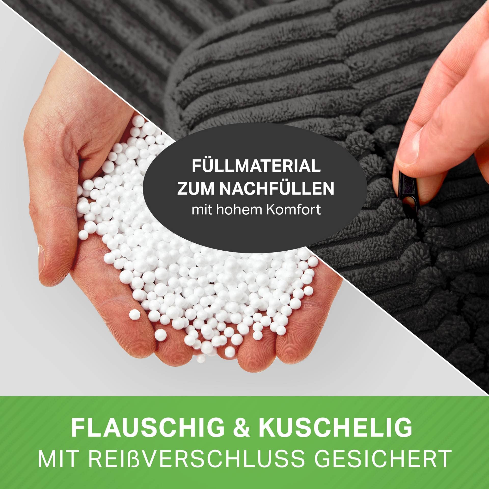Green Bean Indoor Sitzhocker Pouf 45x25cm EPS-Perlen Füllung Cordstoff Waschbar Schwarz