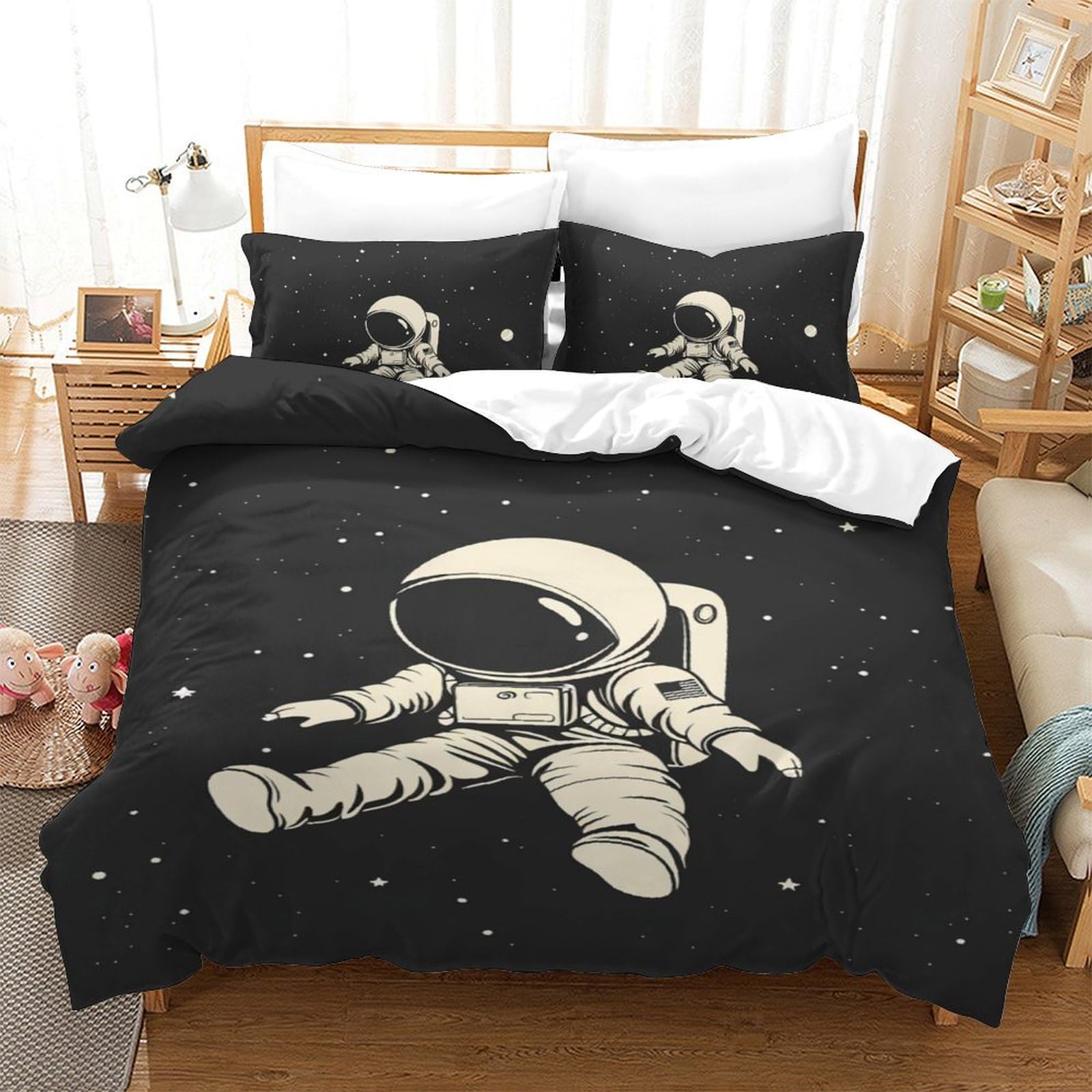 Housse de couette astronaute 140x200 anti-plis en microfibre douce avec zip pour lit enfant