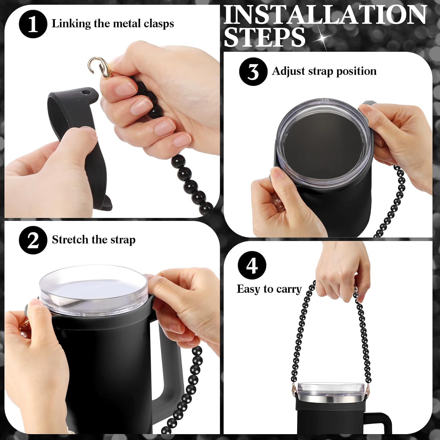 Silicone Water Bottle Handle Holder with Pearl Strap Compatible with Stanley Cup Accessories Charms Sling Water Bottle Carrier Holde Fits Most 8-40 oz Tumbler Gift for Woman - Image 4