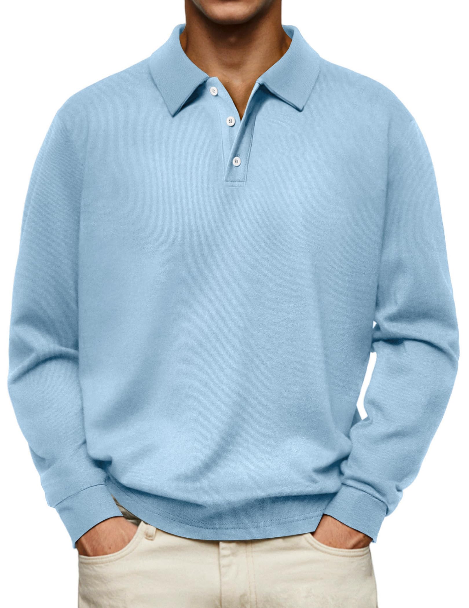 Opomelo Men's Casual Polo Shirts Long Sleeve Basic Thermal Pullover Tops | Soft,Stretchy,Comfy,Classic Collar,Button Up,Solid,Relaxed Fit,Golf Polo Shirts
