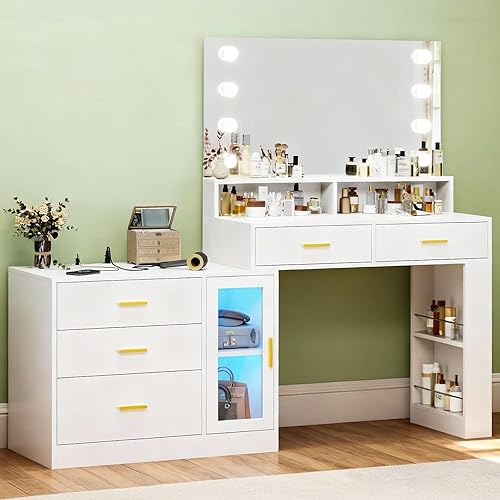 VIAGDO Escritorio de tocador de maquillaje con espejo iluminado de 3 colores, mesa de tocador blanca con estación de carga, 5 cajones, escritorio de