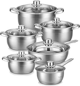 Velaze Cookware Set, Series Motti, 12-Piece Stainless Steel Pot &amp; Pan Sets, Induction Safe, Saucepan, Casserole, pan with Glass lid (Set of 12)