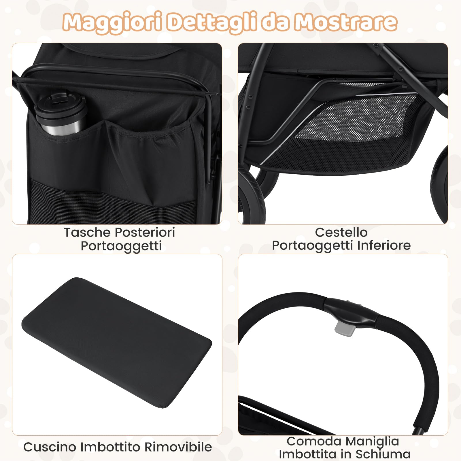 COSTWAY Passeggino a 3 Ruote per Cani Piccoli e Medi, Passeggino Pieghevole per Gatti con Freno a Pedale Singolo, Tenda Regolabile, Cestino, Cuscino e Guinzaglio di Sicurezza, Portata 25 Kg (Nero)