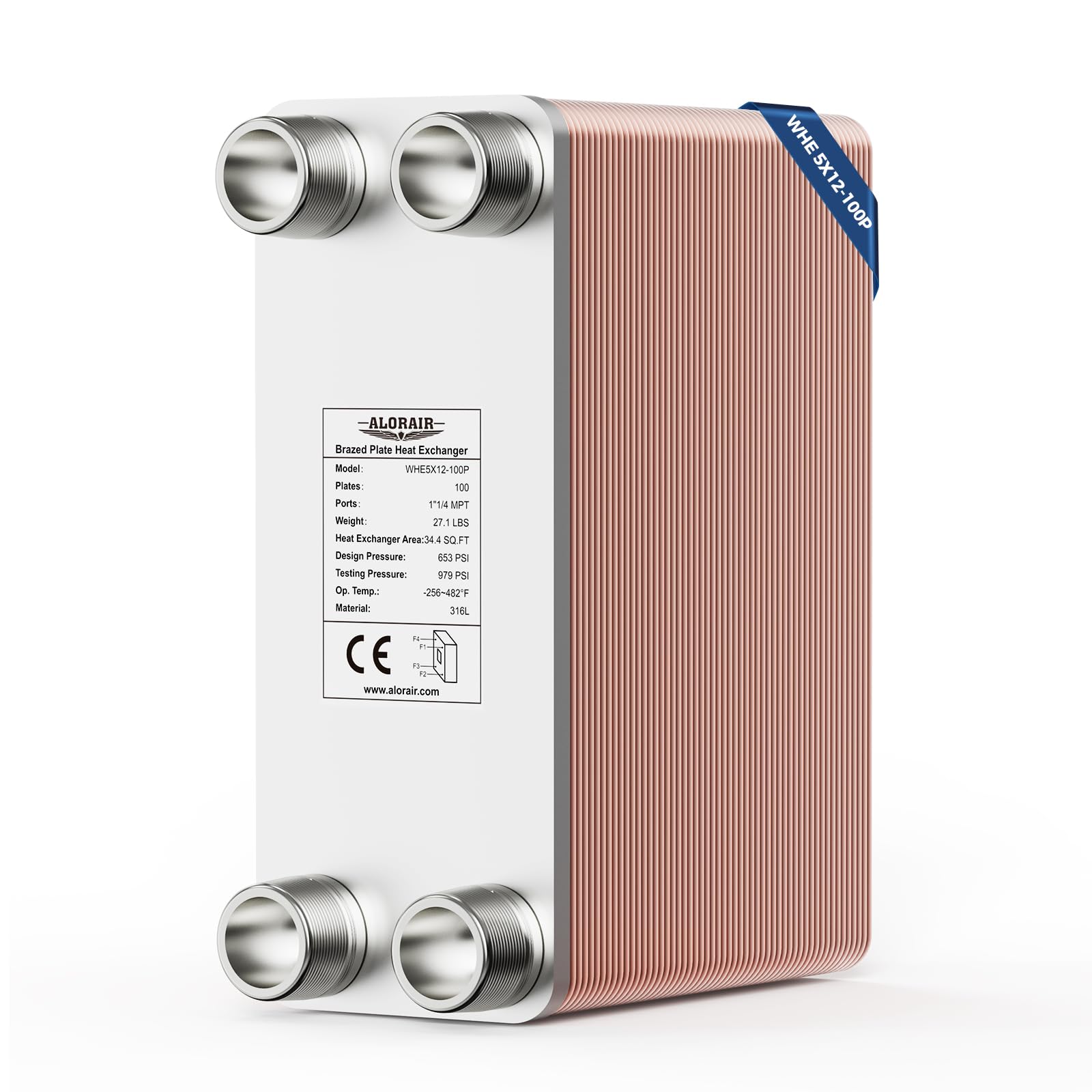 ALORAIR 5"x12" 100 Plates Heat Exchanger with 1-1/4" MPT Port,316L Stainless Steel Water to Water Brazed Plate Heat Exchanger for Floor Heating, Water Heating, Commercial and Industrial Refrigeration