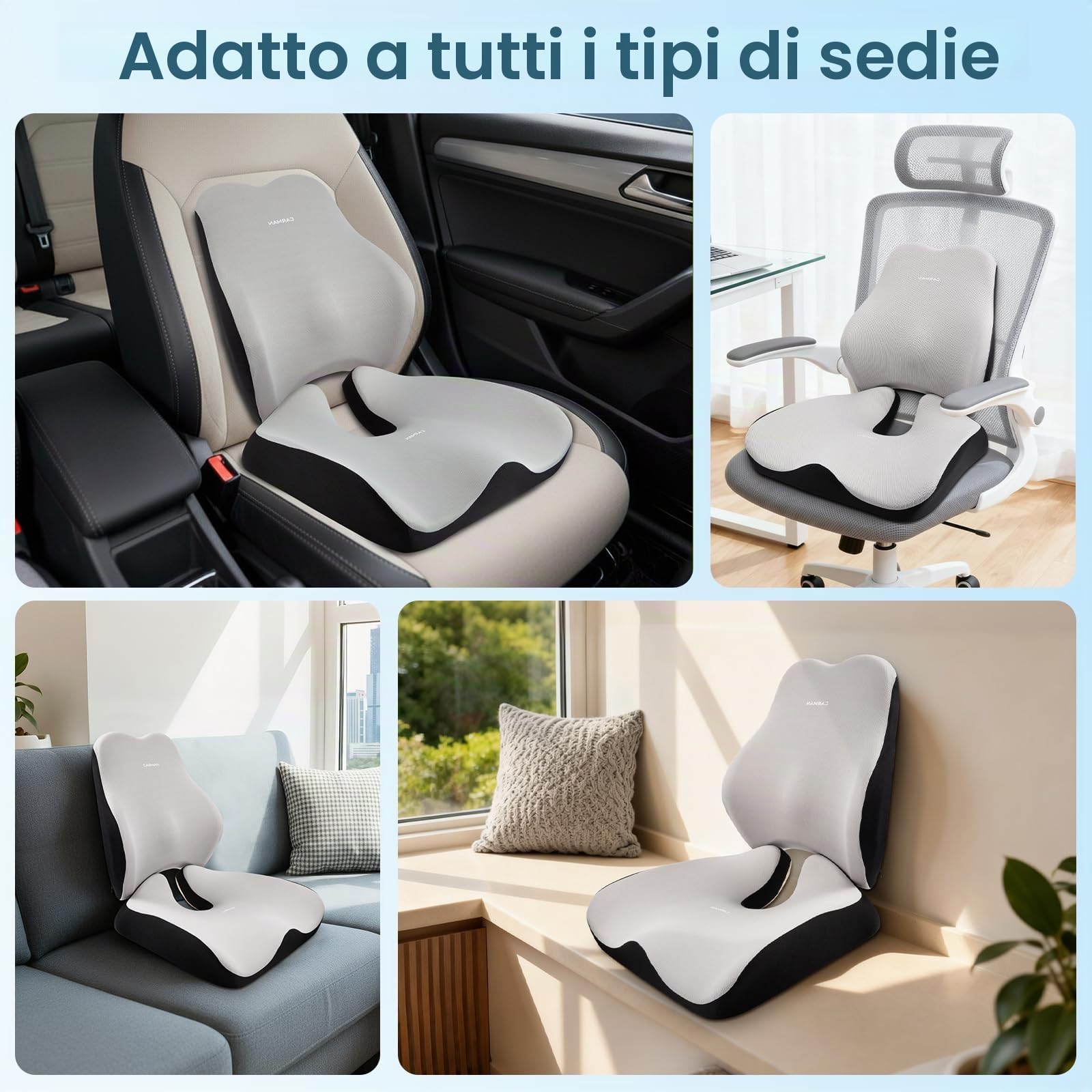 Cuscino per seduta e schienale, cuscino ortopedico per alleviare la pressione per il coccige, cuscino ergonomico per coccige, memory foam per ufficio e auto