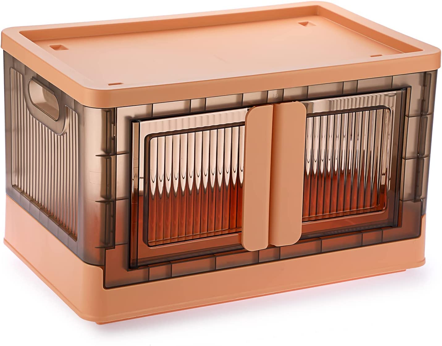 Storage Bins with Lids - Dual Open Collapsible Storage Bins, Clear Plastic Wardrobe Closet Organizer, 8.4Gal Foldable Stackable Storage Bins, Crate for Book Snack Storage, Orange