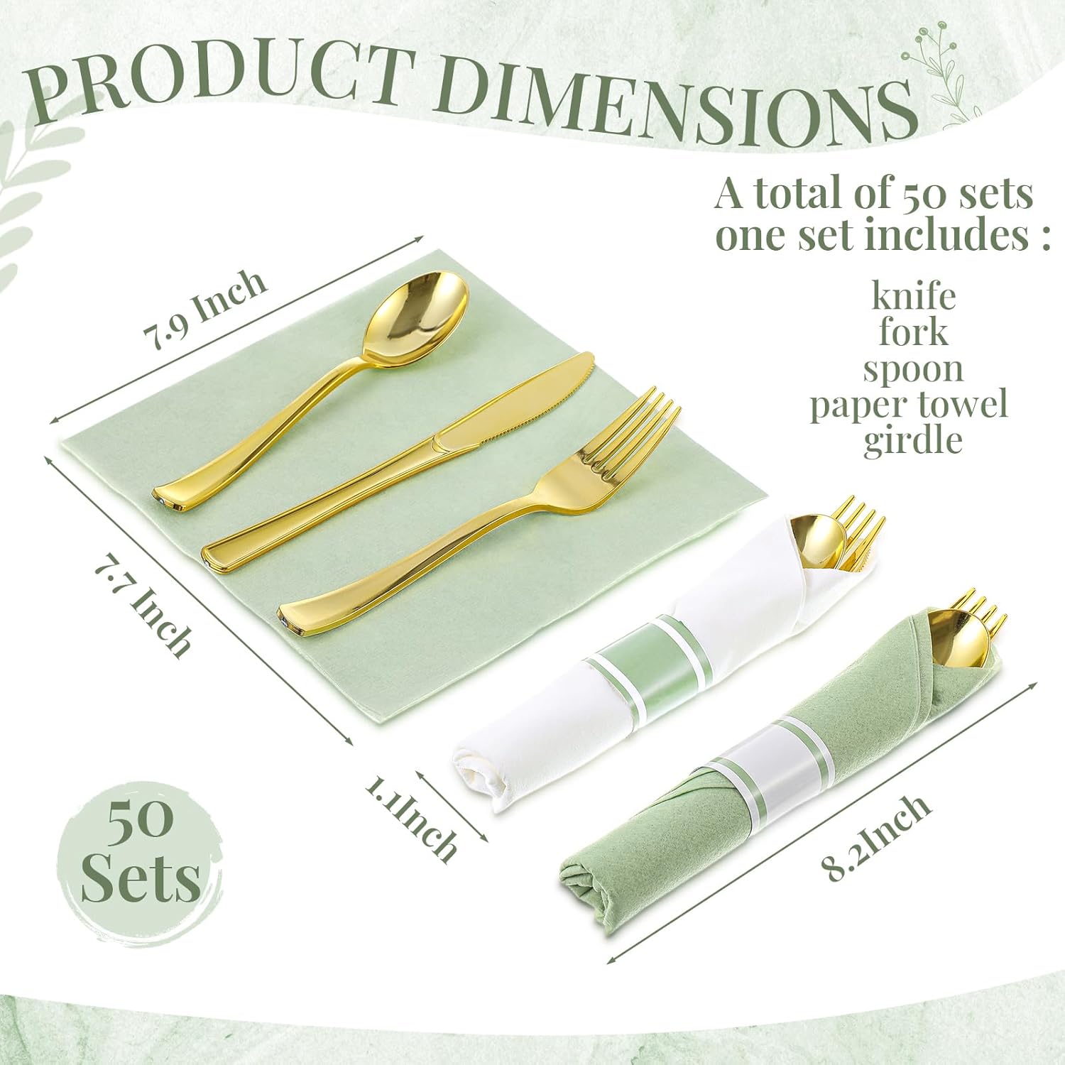 Lasnten 50 Pack Pre Rolled Gold Plastic Silverware Set Disposable Wrapped Plastic Cutlery Set Include Sage Green and White Napkins Knives Spoons and Forks for Wedding Birthday Party Supplies