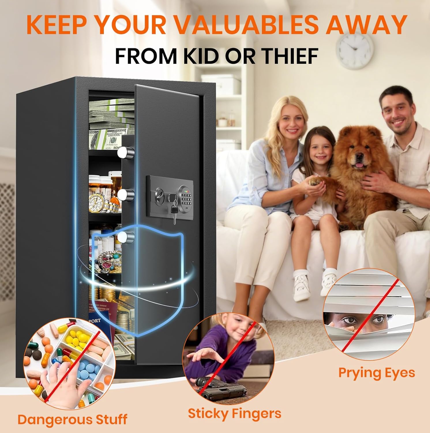 5.2 Cuft Large Home Safe Water and Fireproof with Digital Keypad & Key Lock, Security Fire Safe Box with 3 Removable Shelves, Heavy Duty Fireproof Safes for Home Documents Money Cash Jewelry