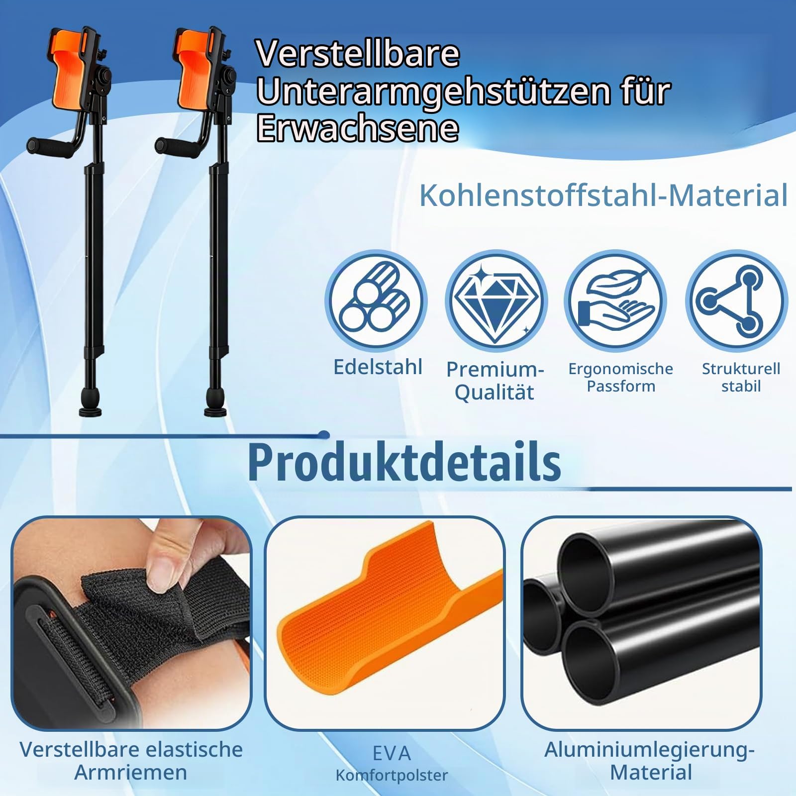 1 Paar Unterarmgehstütze, Faltbar Wanderstöcke Krücken 85-115CM Höhenverstellbar Ergonomisch mit Ellbogenauflage Aluminium Gehstützen Belastbar bis 100 kg pro Stütze Reise Gehkrücken Zusammenleg