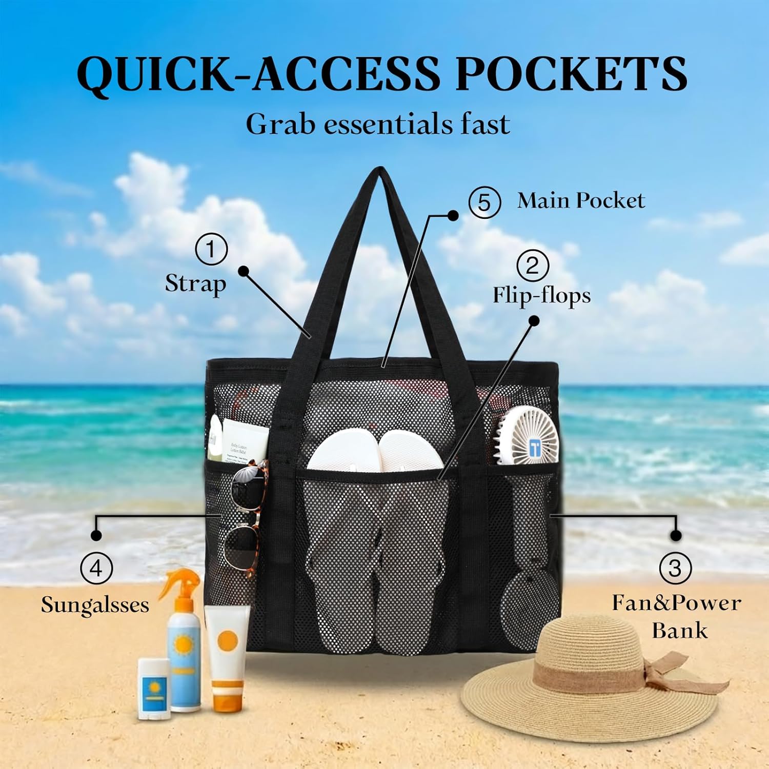 miss fong Mesh Beach Bag - Beach Bags for Women Pool Bag Swim Bag – 2-in-1 Waterproof Beach Tote Bag Wet/Dry Separation
