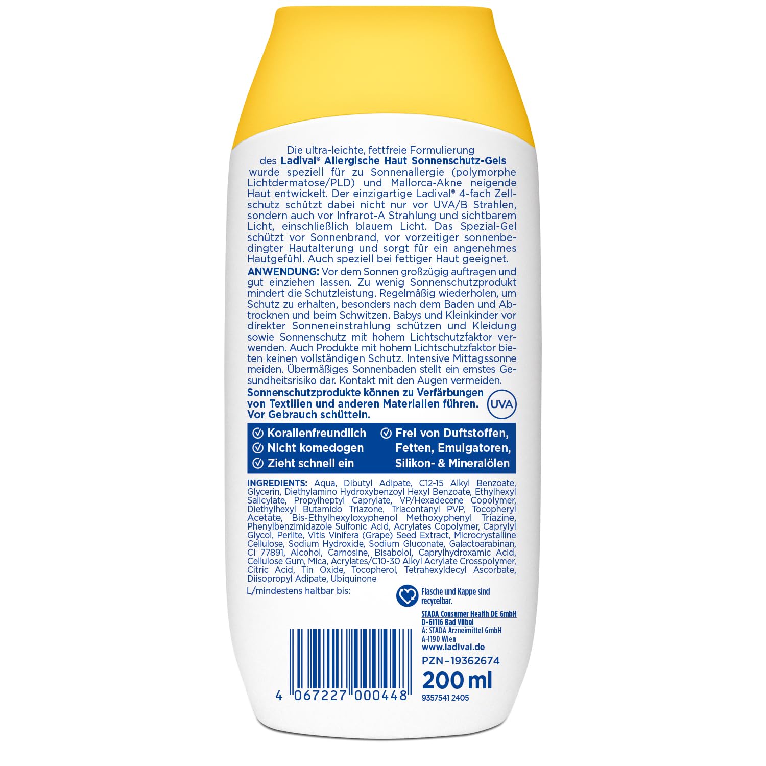 Ladival Gel de protection solaire SPF 30 pour le corps en cas d'allergies solaires et d'acné de Majorque, imperméable, avec protection cellulaire unique 4 fois, crème solaire 200 ml