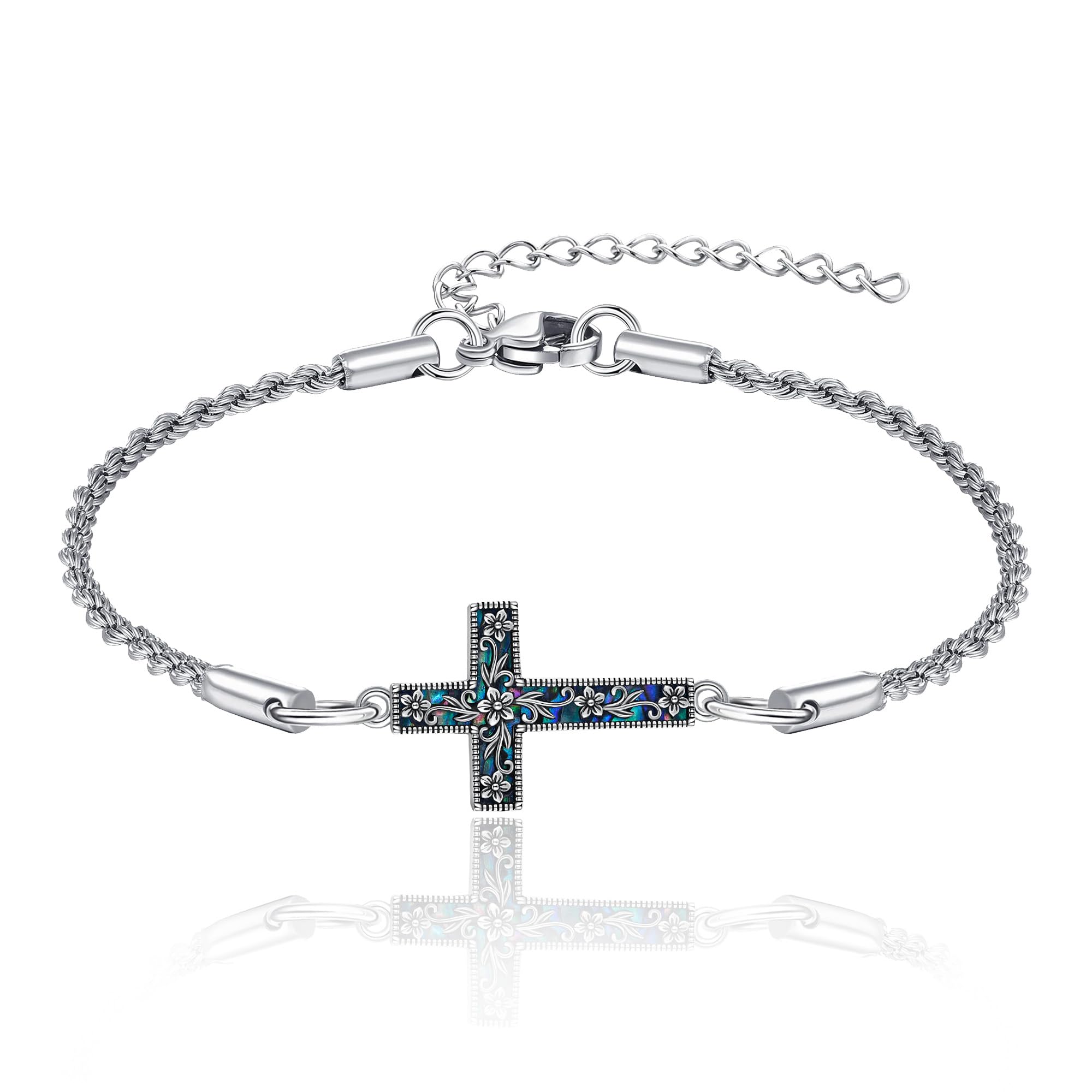 URONE Kreuzarmband 925 Sterlingsilber Kreuz-Blumen-Anhänger Armband Christlicher Religiöser Vintage Schmuck Geschenke für Damen