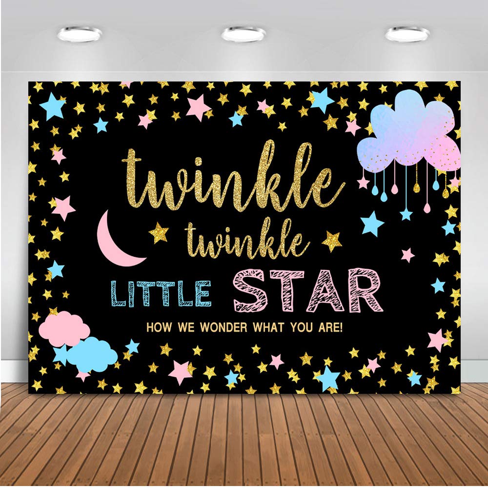 Mocsicka Twinkle Star Gender Reveal Decoration, Boy or Girl Gender Reveal Backdrop, 5x3ft Vinyl Twinkle Twinkle Little Star Banner Supplies(Black,5x3ft)