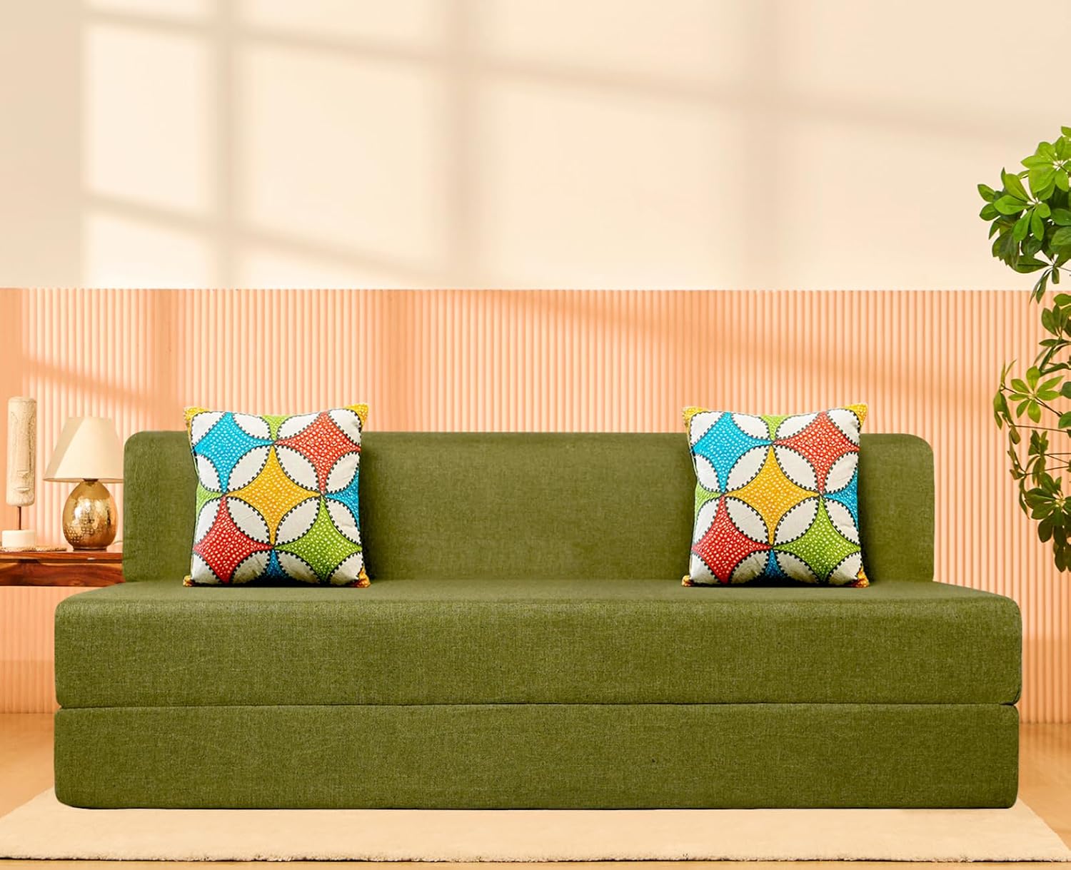 uberlyfe Basics 3 Seater Sofa Cum Bed | Jute Fabric Washable Cover | 2 Cushions Jharokha Pattern | Olive Green | 6′ X 6′ Feet uberlyfe Basics 3 Seater Sofa Cum Bed | Jute Fabric Washable Cover | 2 Cushions Jharokha Pattern | Olive Green | 6′ X 6′ Feet