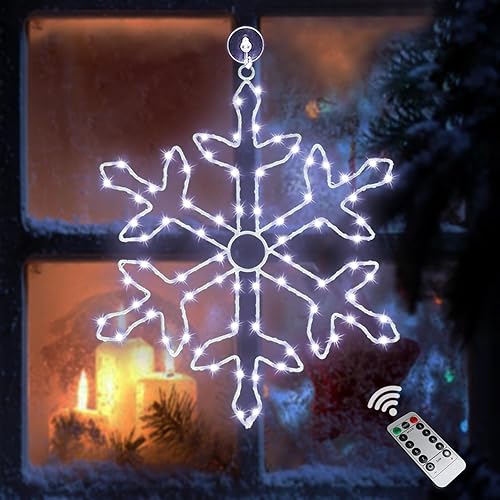 Silueta de copo de nieve de Navidad, decoración de luces de ventana de 12 pulgadas, 72 LED, 8 modos de iluminación, luces de copo de nieve blancas