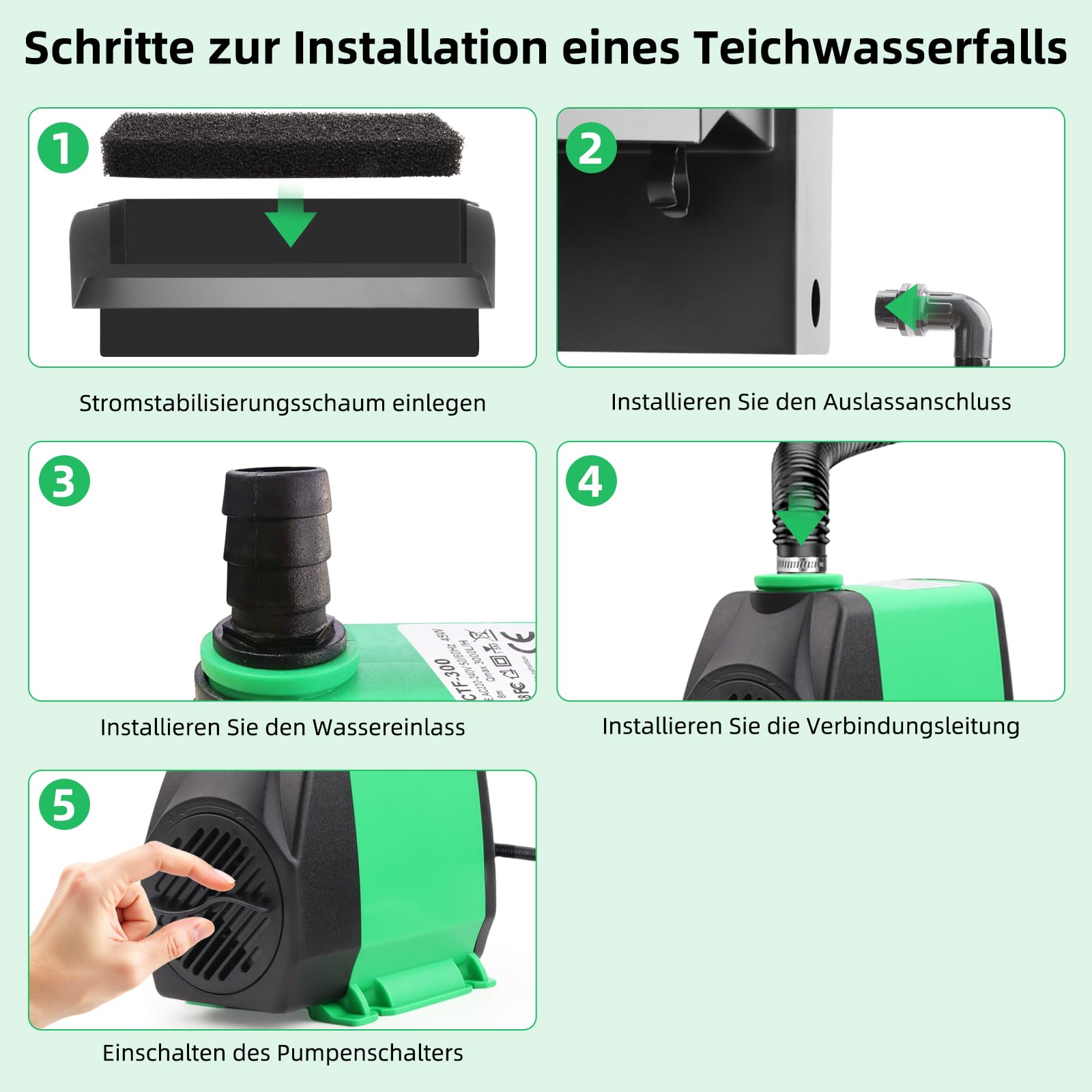 Schwarze Edelstahl Teich Wasserfall Spillway Pool Brunnen Wasser Feature, 45W 3000L/H with Pumpe, Teichüberlauf mit Pumpe und Wellrohr mit Filtermedien, für Terrasse Wasserwand