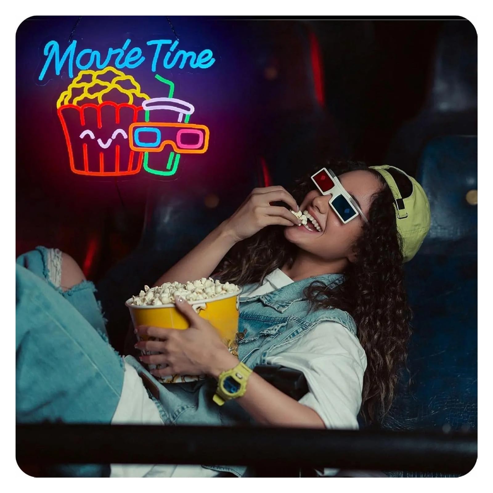 Luz de Diseño de Digital Movie Time Letrero De Neón Cine De Palomitas De Maíz Brillo De Luz LED Ajustable Para Decoración De Pared Para Cine Sala De Cine Fiesta 41.91cm×32cm