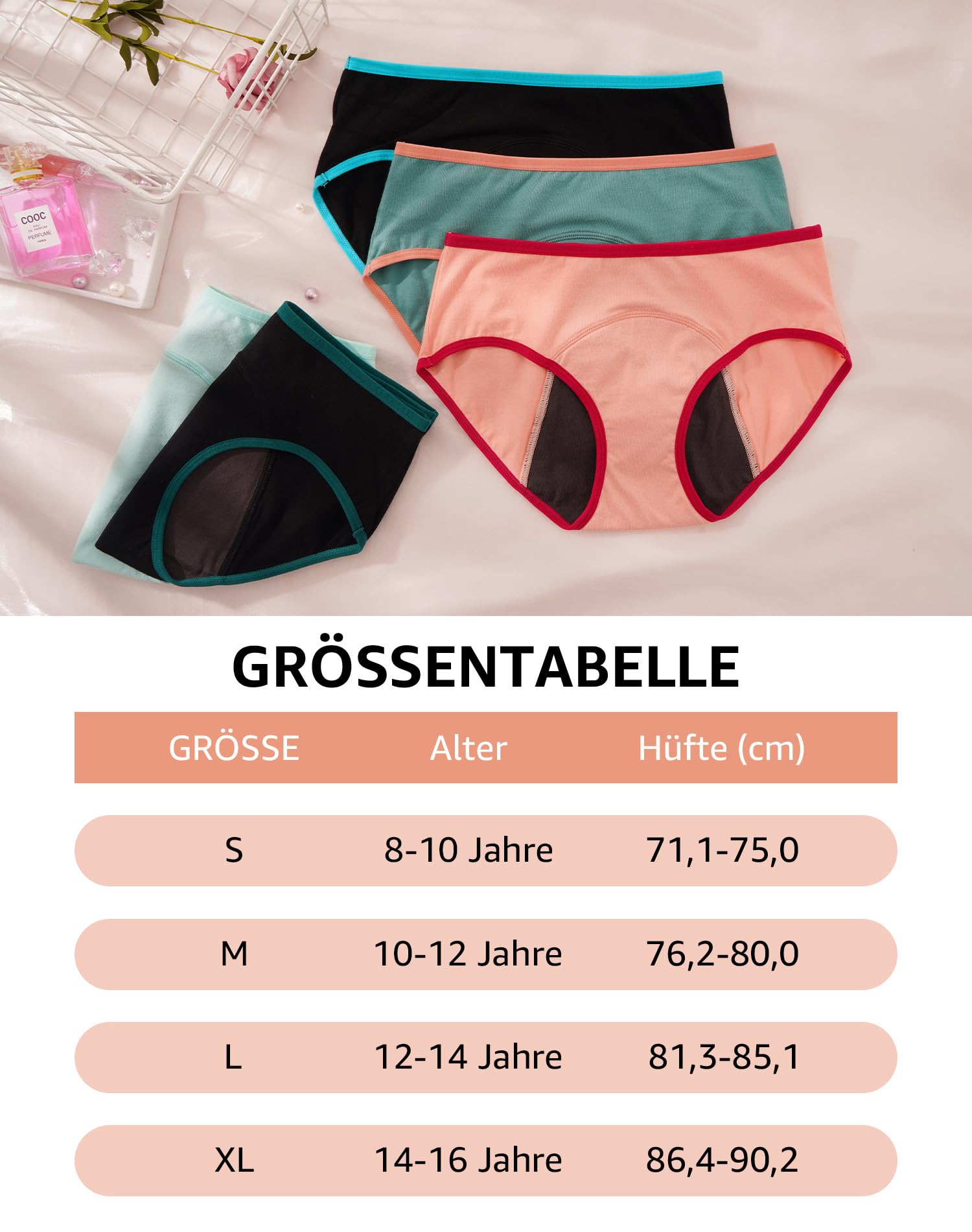 INNERSY Bielizna dla dziewcząt od Period, bielizna bawełniana, majtki z zabezpieczeniem przed wyciekiem, zestaw 3 szt, Czarny / zielony / różowy, 14 Lata