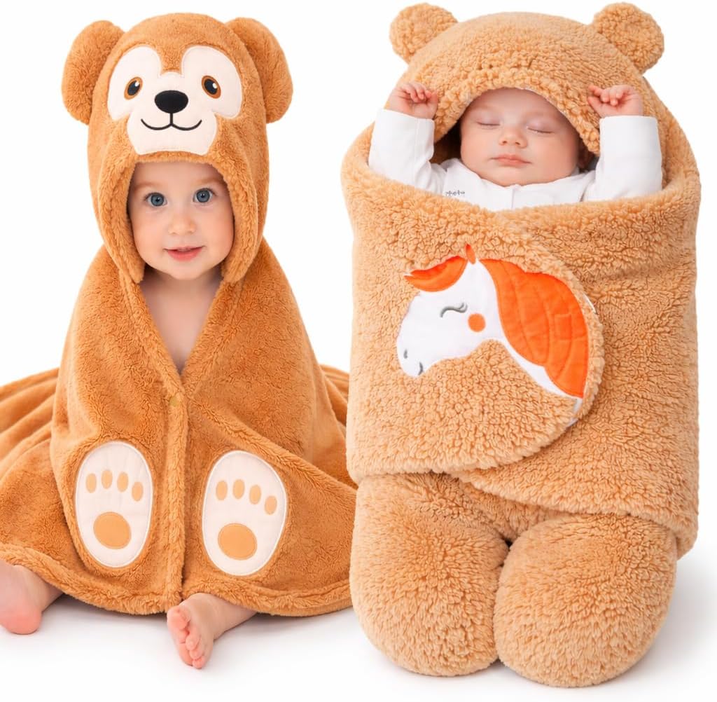 First Kick Baby Blankets New Born Combo Pack of Hooded Wrapper Flannel Wool Sleeping Bag & Baby Bath Towel for 0-12 Months Baby Boys and Baby Girls Pack of 2 Pcs Camel Monkey