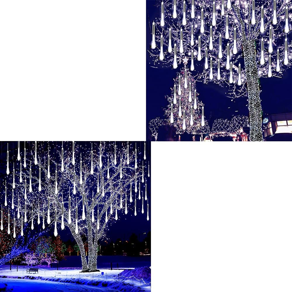 Kwaiffeo 8-Tube & 24-Tube Christmas Lights - Outdoor Meteor Shower Snow Falling Icicle Cascading Lights for Xmas Tree Halloween Decoration Wedding Party, UL Plug, White