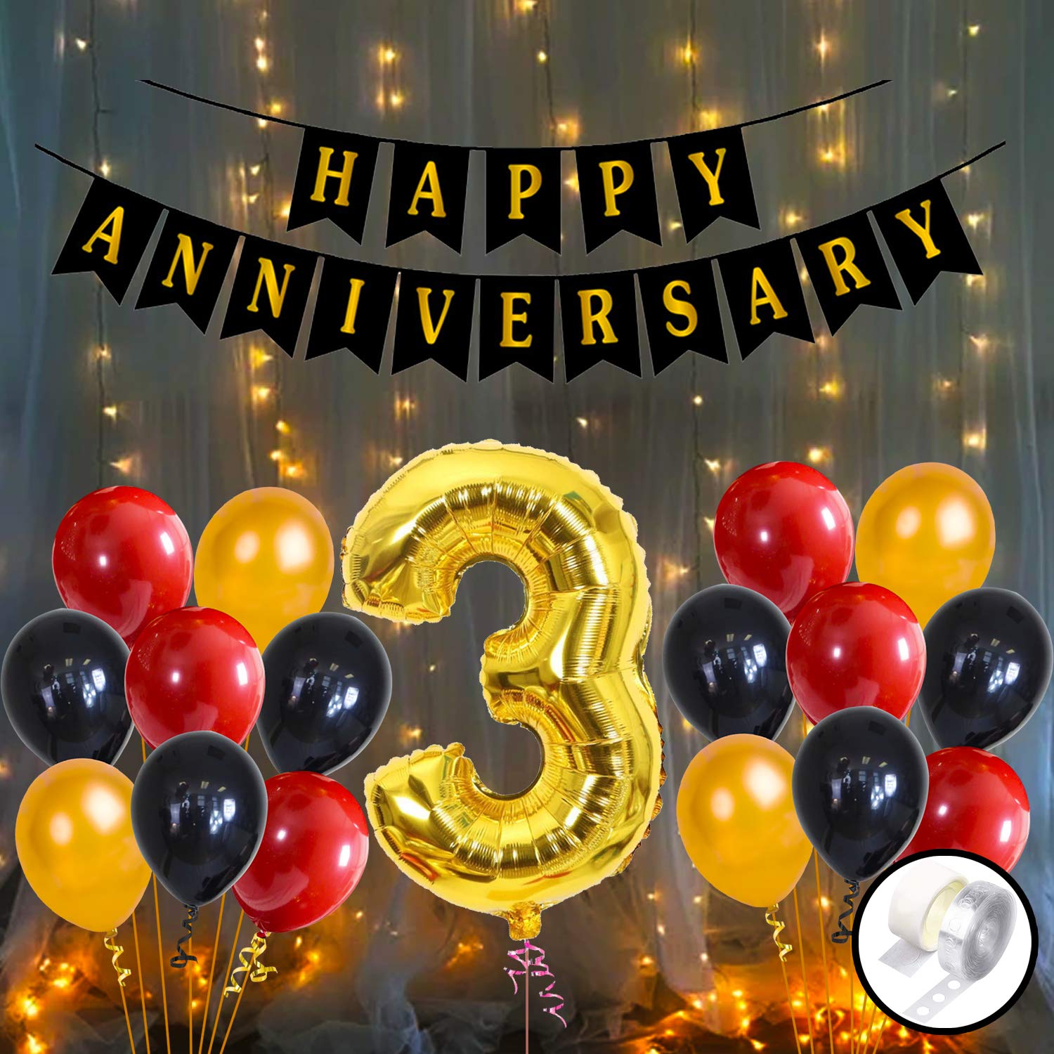 Party Propz 3rd Happy Anniversary Decoration Items with LED Light Banner, Balloons, Arch, Glue Dot 55Pcs Set for 3rd Party Room Decoration Combo Set/Couple Wedding,Marriage Celebration