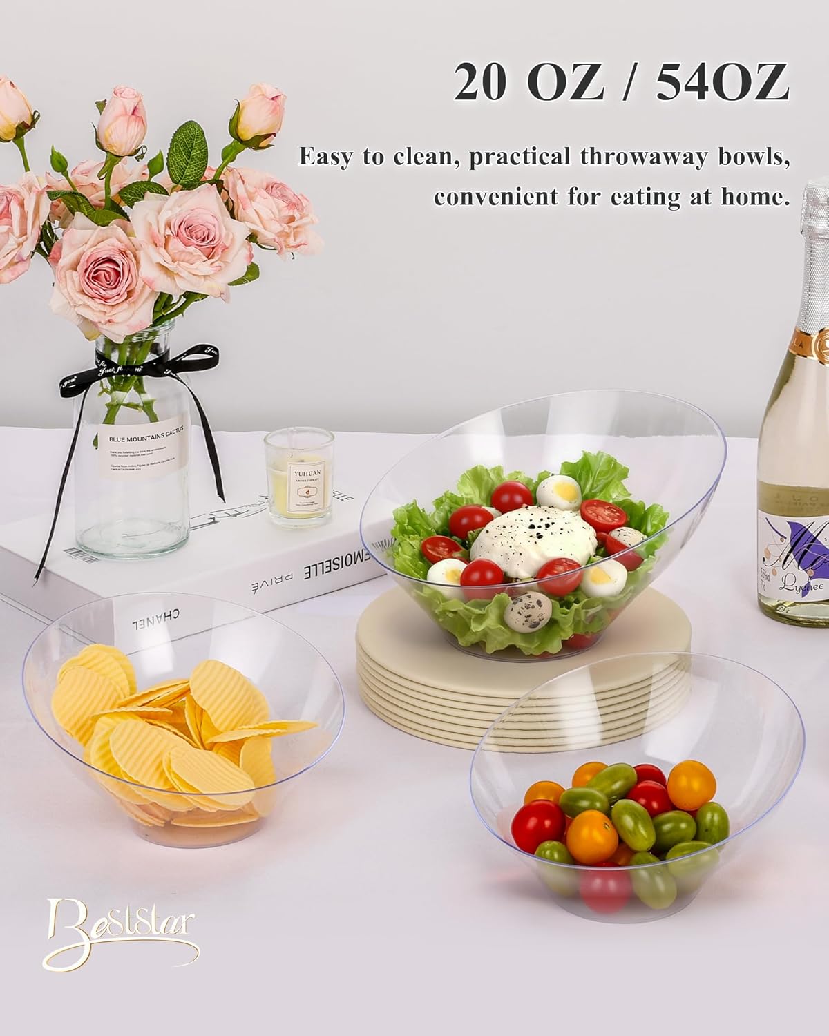 BESTSTAR Clear Plastic Serving Bowls 8 Pack 54 OZ– Angled Disposable Party Bowls for Chips, Salad, Fruit & Candy – Heavy Duty Clear Serving Bowls for Parties, Buffet, Catering, Wedding, Daily Use - Image 5