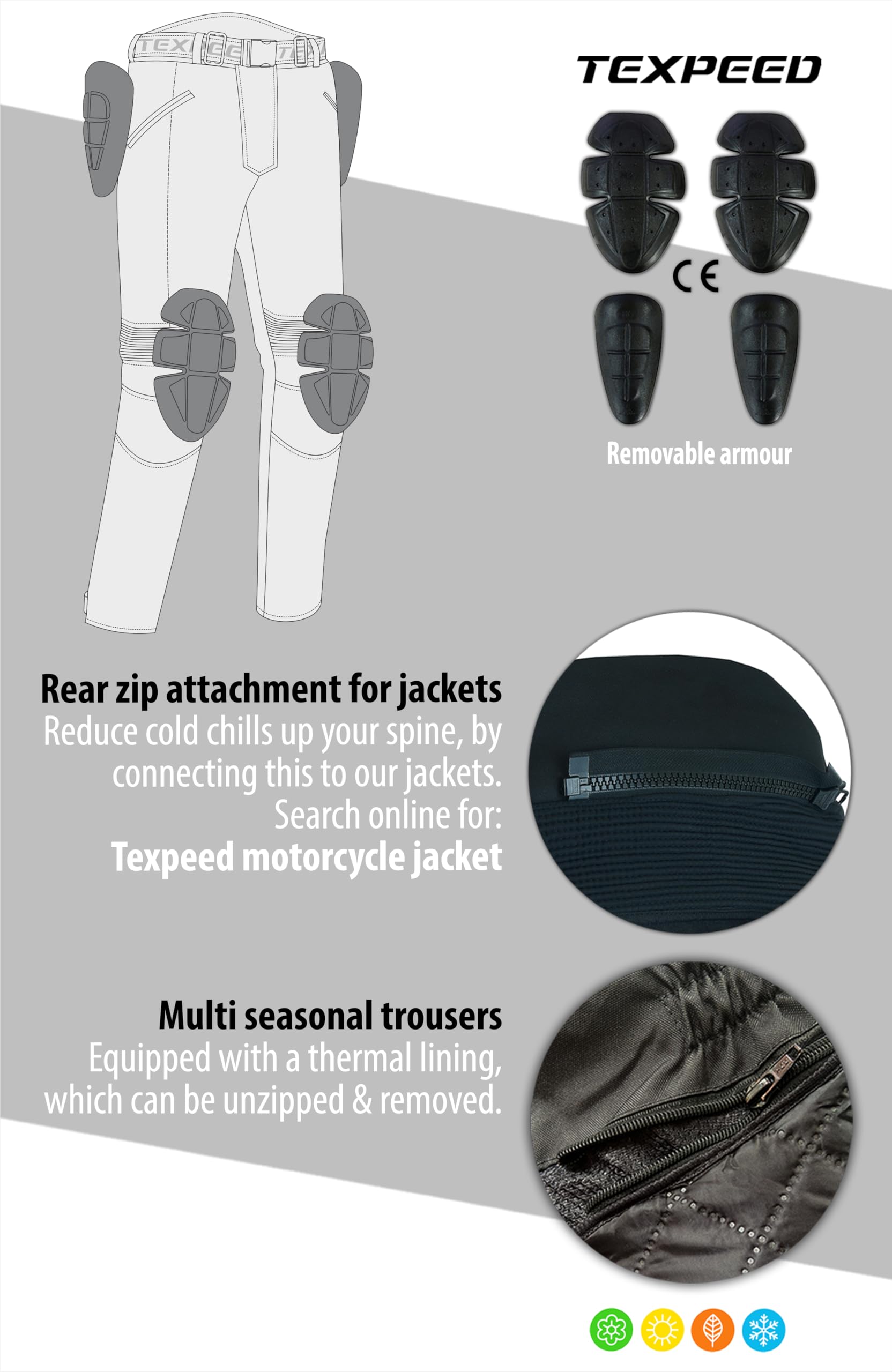 Texpeed Motorcycle Biker Trousers Mens Motorbike Waterproof Textile Cordura Pants With Protective CE Armour (EN 1621-1) Black - 40W / 30L — view 6