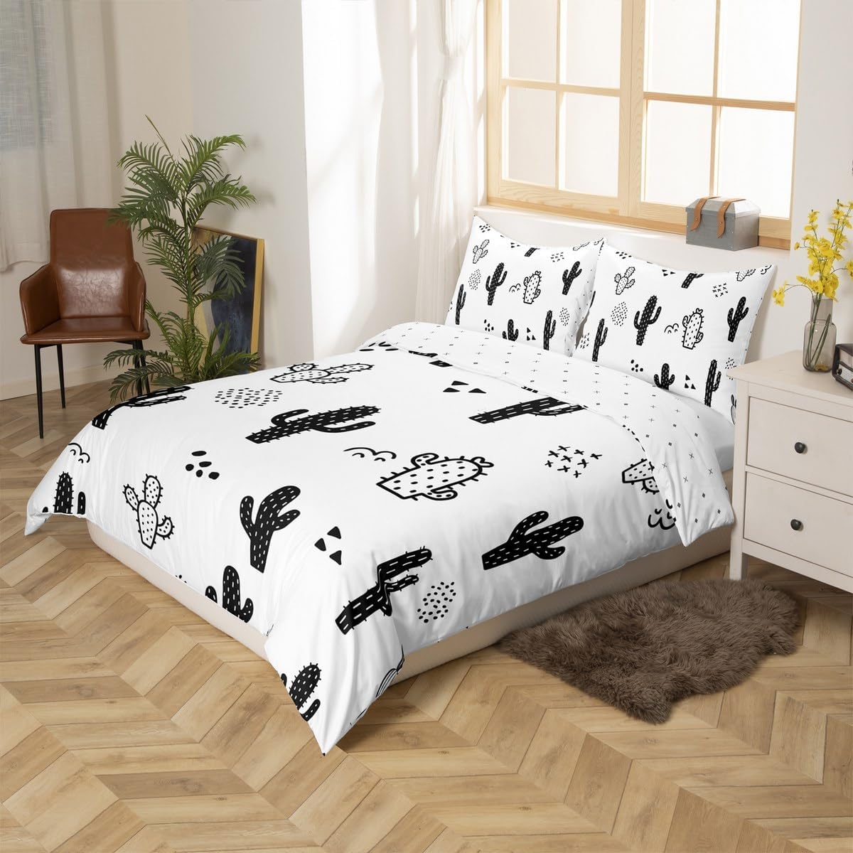 Cactus Duvet Cover Sets Twin Size,Cartoon Desert Plants Comforter Cover 2pcs,Kids Boys Girls Bedroom Decor Black White Bedding Set Abstract Geometric Dot Hand Draw Quilt Cover with 1 Pillowcase