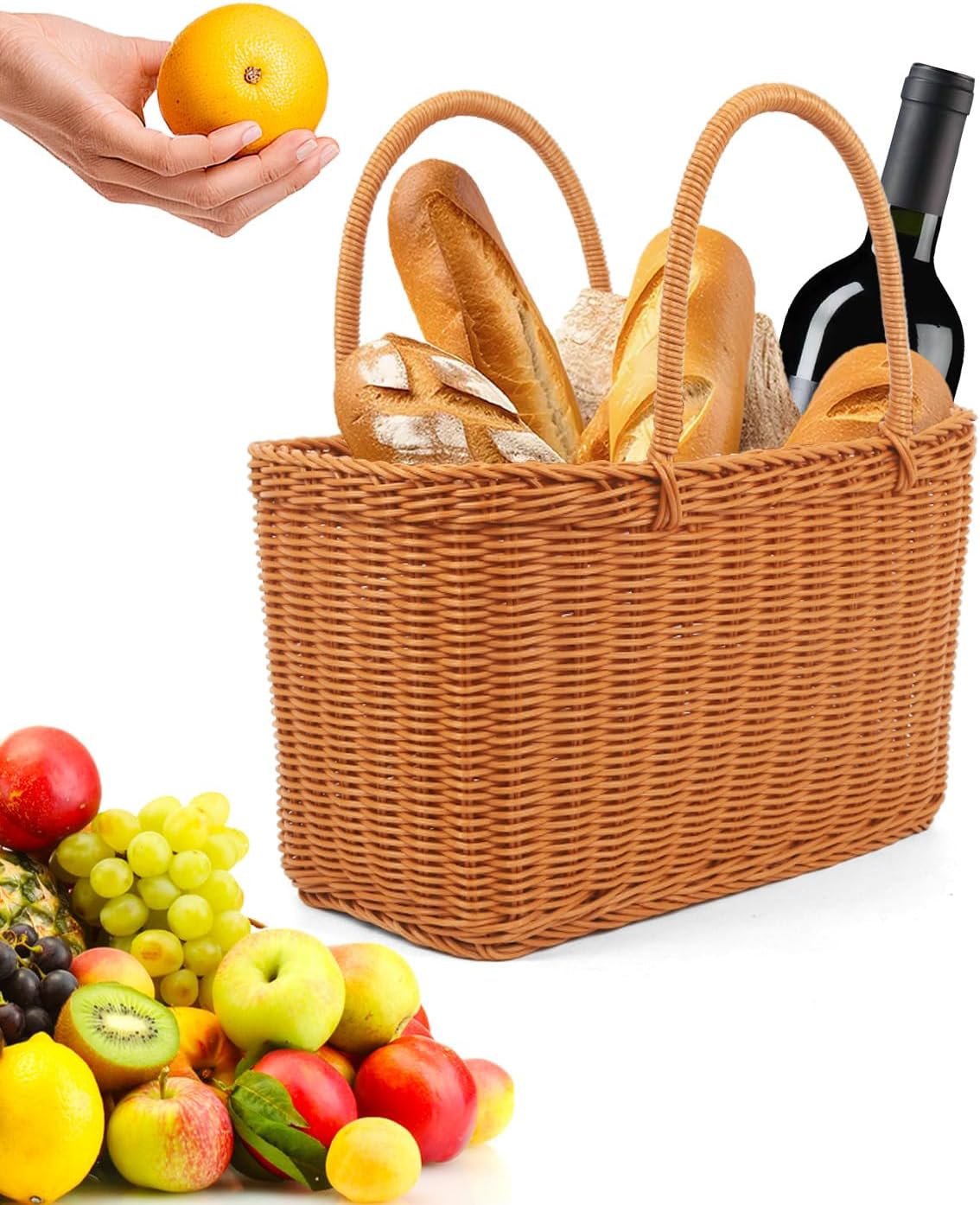 Imitation Woven Picnic Basket, Picnic Basket for Gifts Wicker Basket with Handle for Garden, Fruit, Candy, Wine, Egg Gathering, Wedding, Vegetables