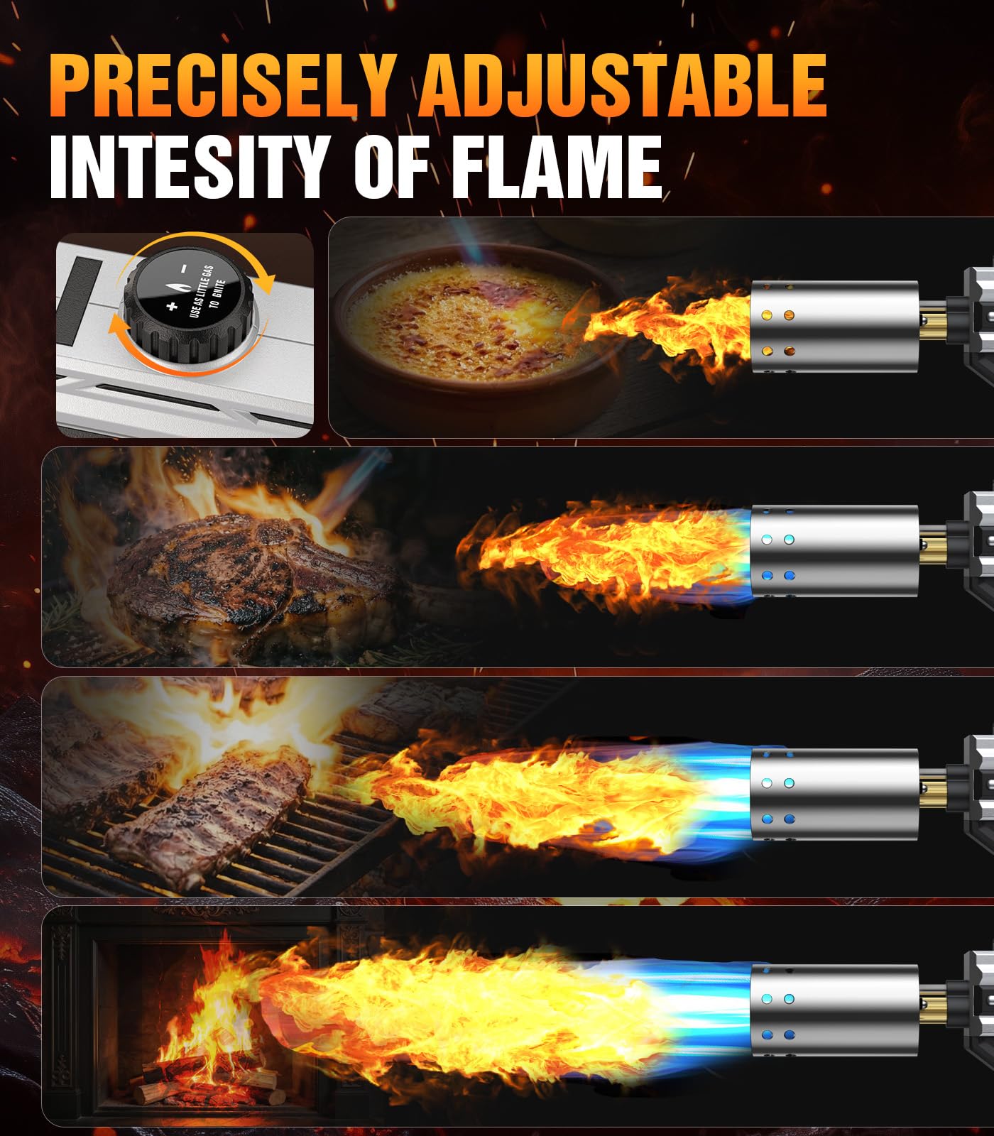 Potente pistola de antorcha para parrilla, soplete ajustable para barbacoa, camping, encendedor de carbón y encendedor de fuego, tanque no incluido (plateado)